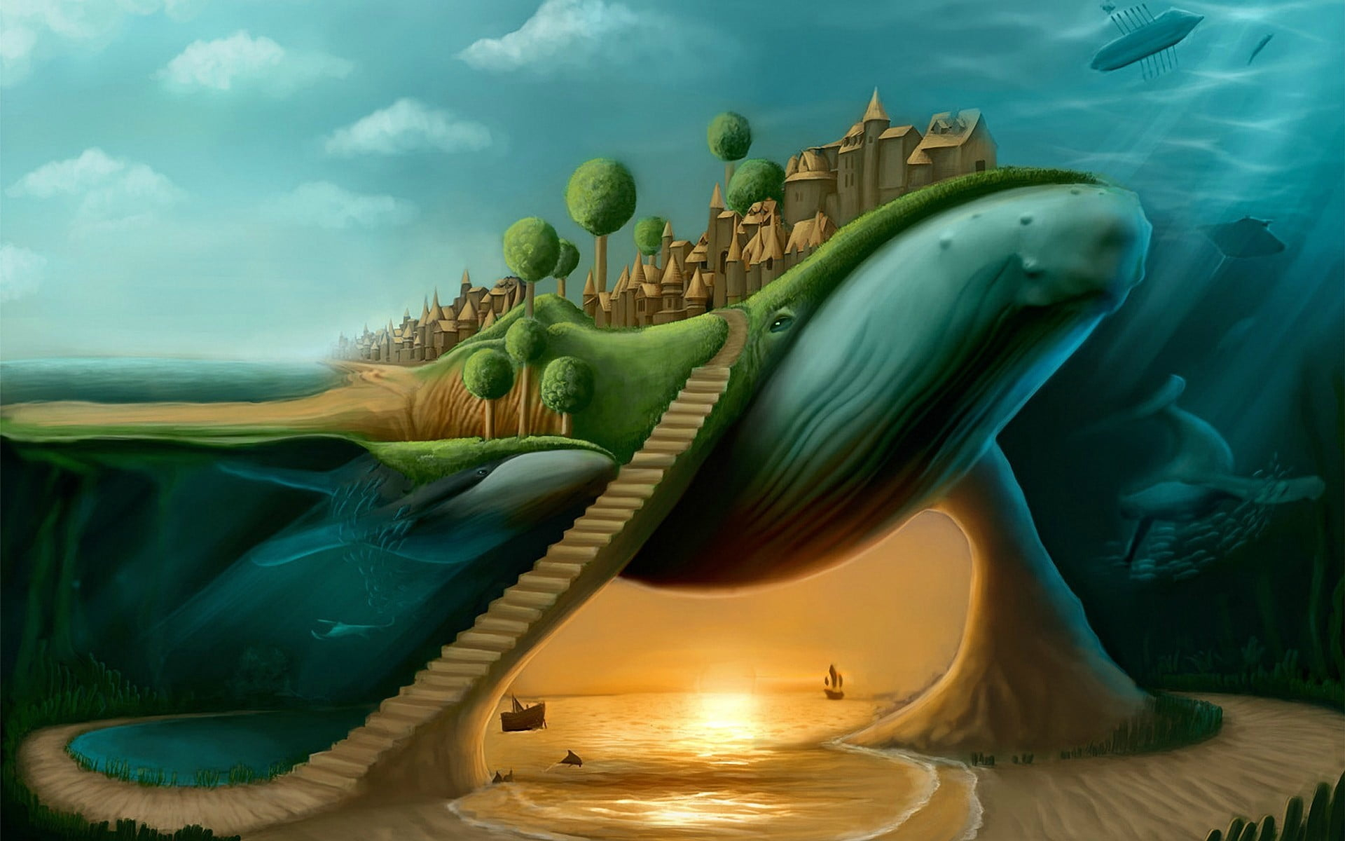 1920x1200 Whale island with seashore under illustration, surreal, whale, stairs, split view HD wallpaper