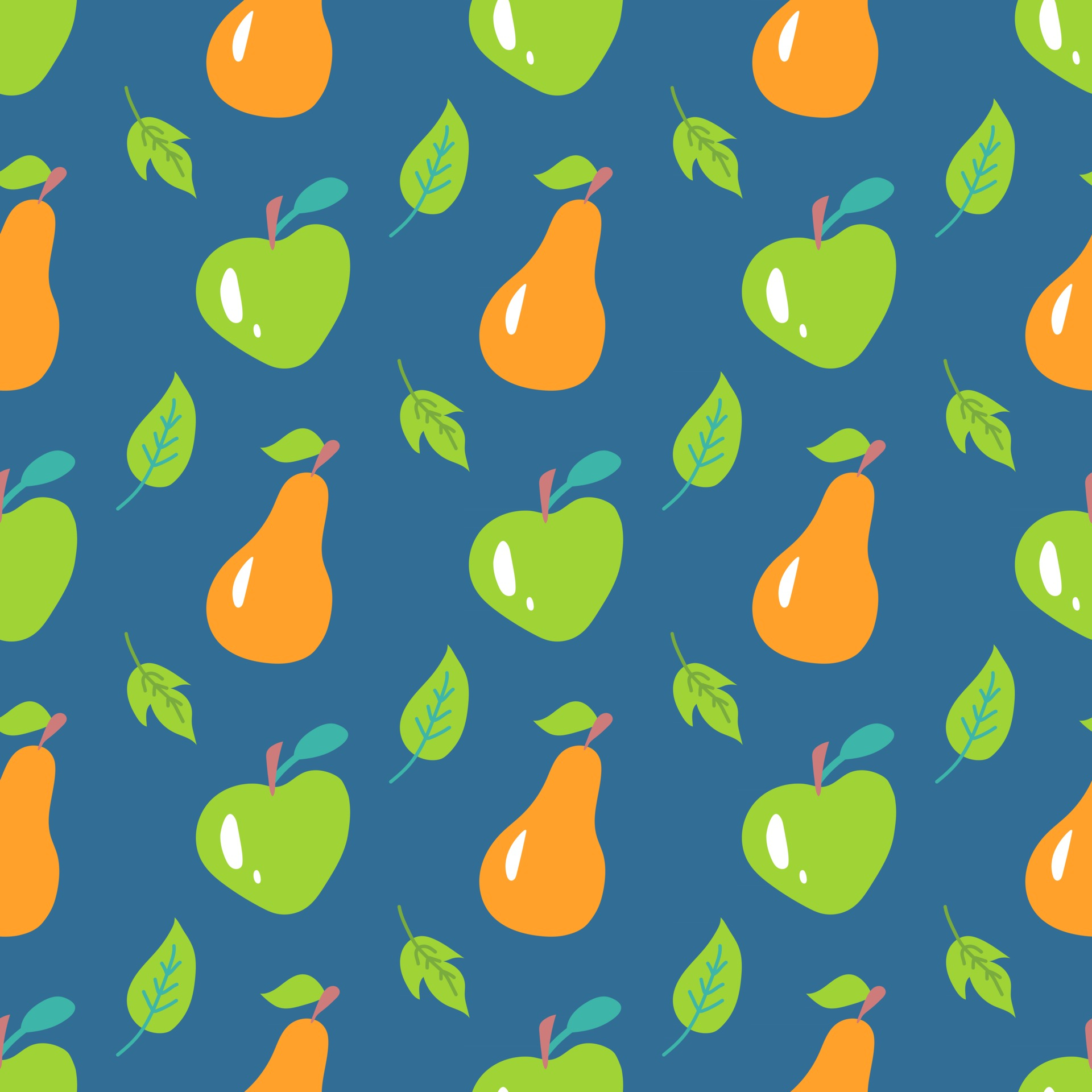 1920x1920 Apples and pears with leaves on a blue background. Vector seamless pattern in a flat style. Wallpaper, packaging paper and fabric design, print 2660962 Vector Art