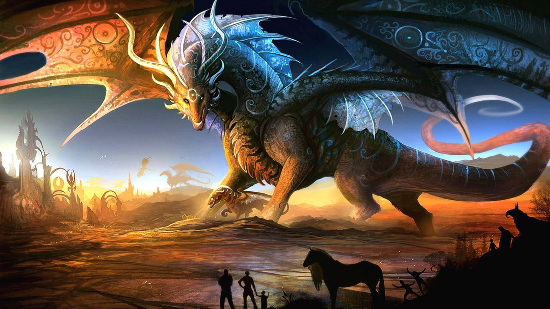 1920x1080 Download Orange Blue Dragons Mythical Creatures Wallpaper