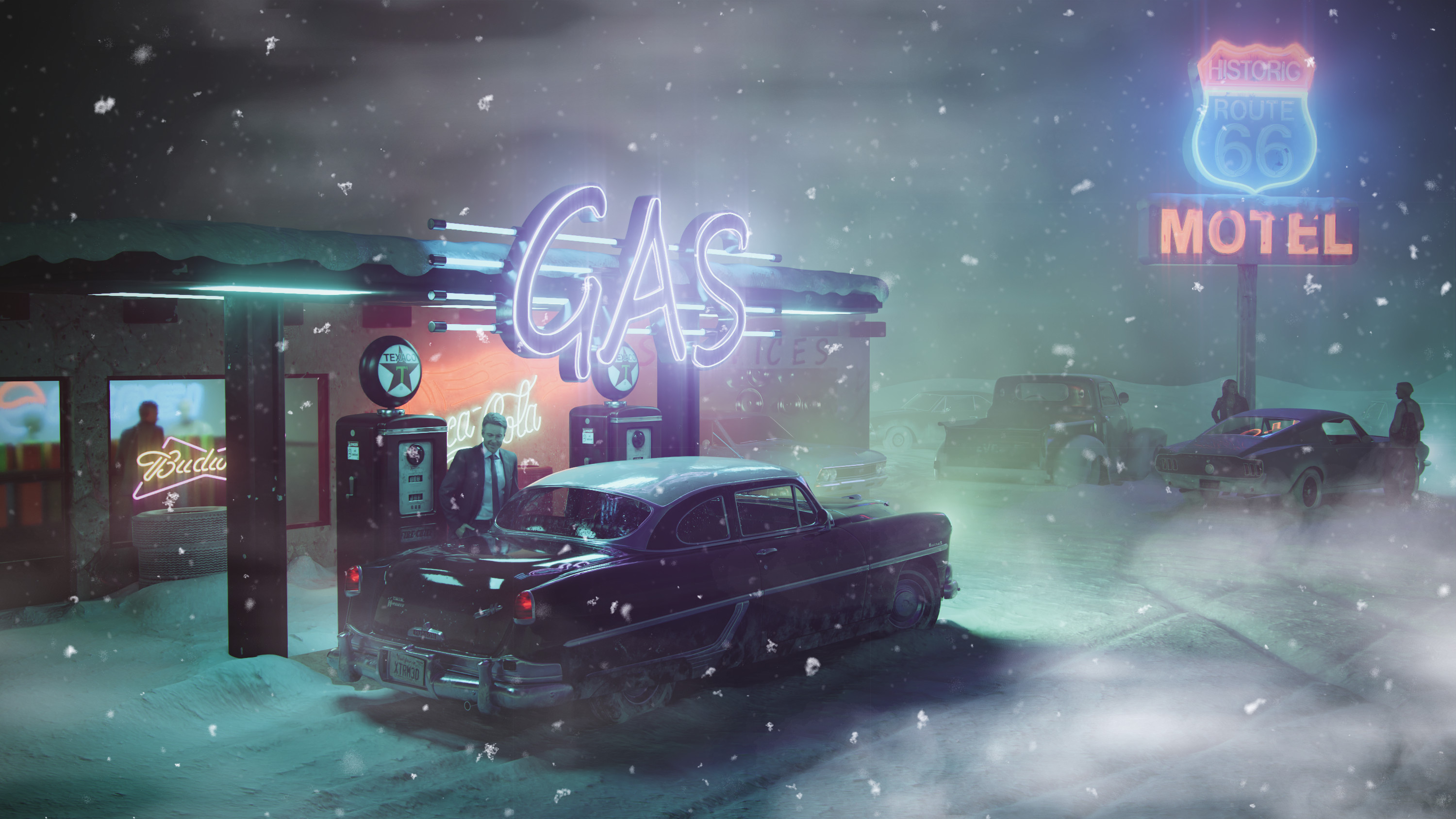 3000x1688 Wallpaper : winter, night, cold, men, car, artwork, vehicle, Gas station, motel, Route 66, snow flakes WallpaperManiac 1975117 HD Wallpapers