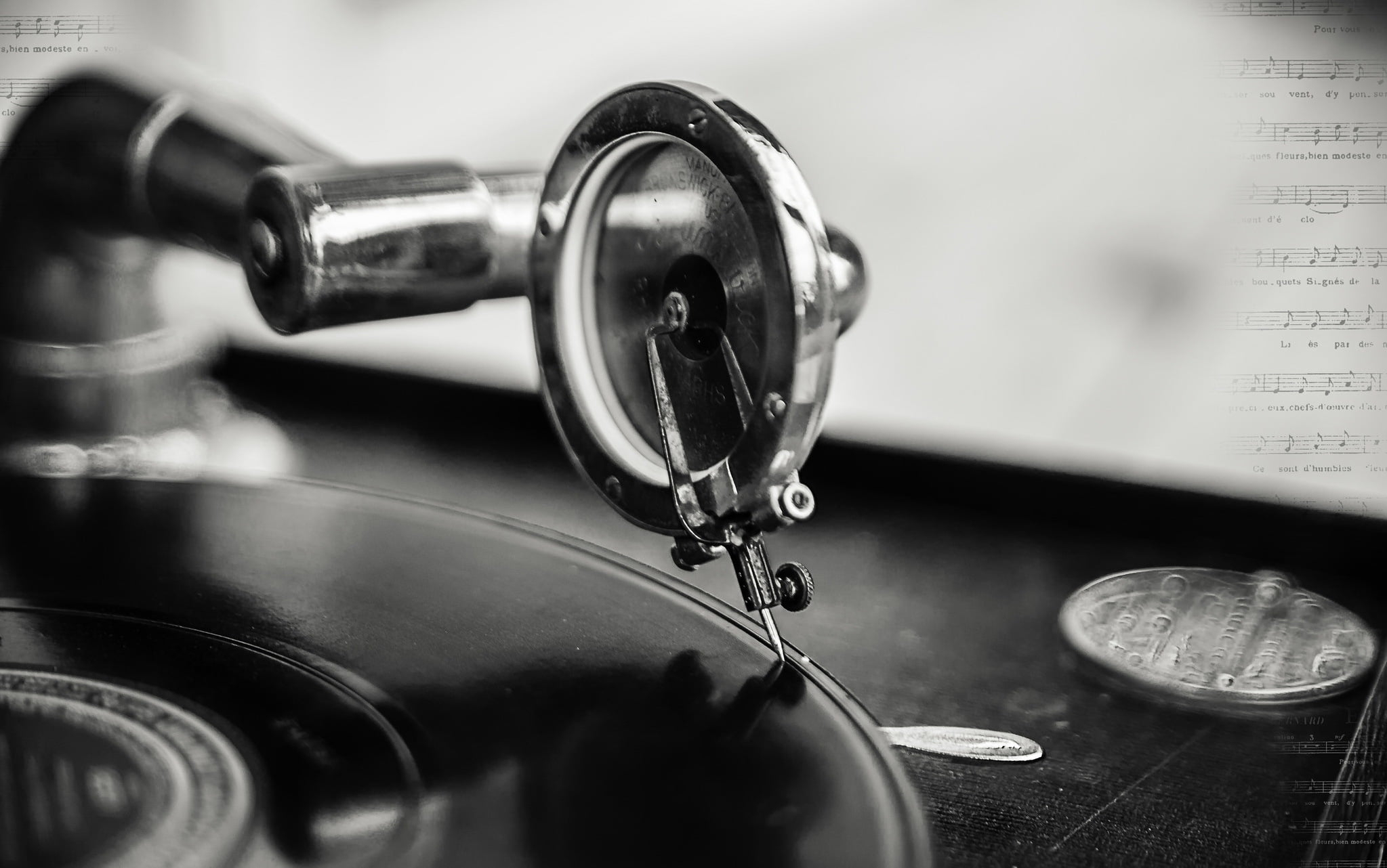 2047x1282 Grayscale photography of vinyl record player HD wallpaper