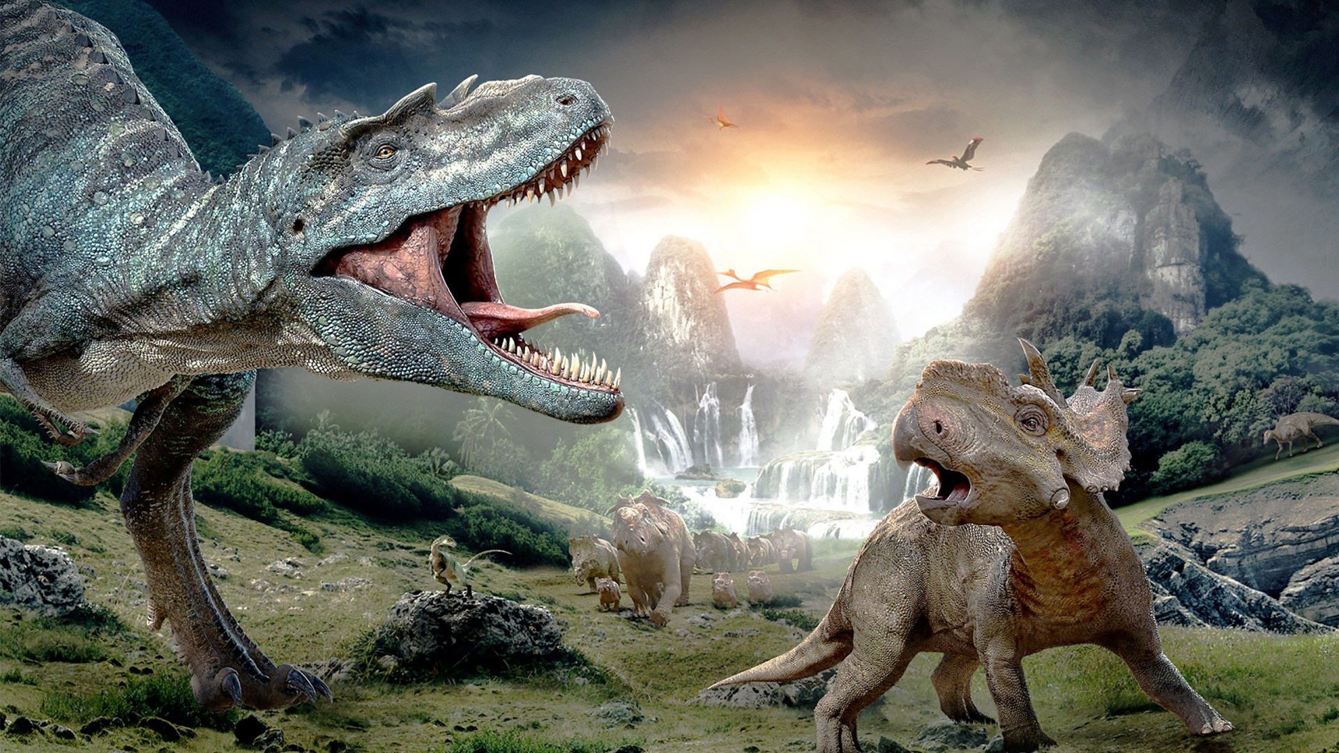 1920x1080 Wallpaper : nature, animals, dinosaurs, prehistoric, Tyrannosaurus rex, birds, digital art, landscape, Sun, mountains, rock, waterfall, roar ztc7888 1154296 HD Wallpapers