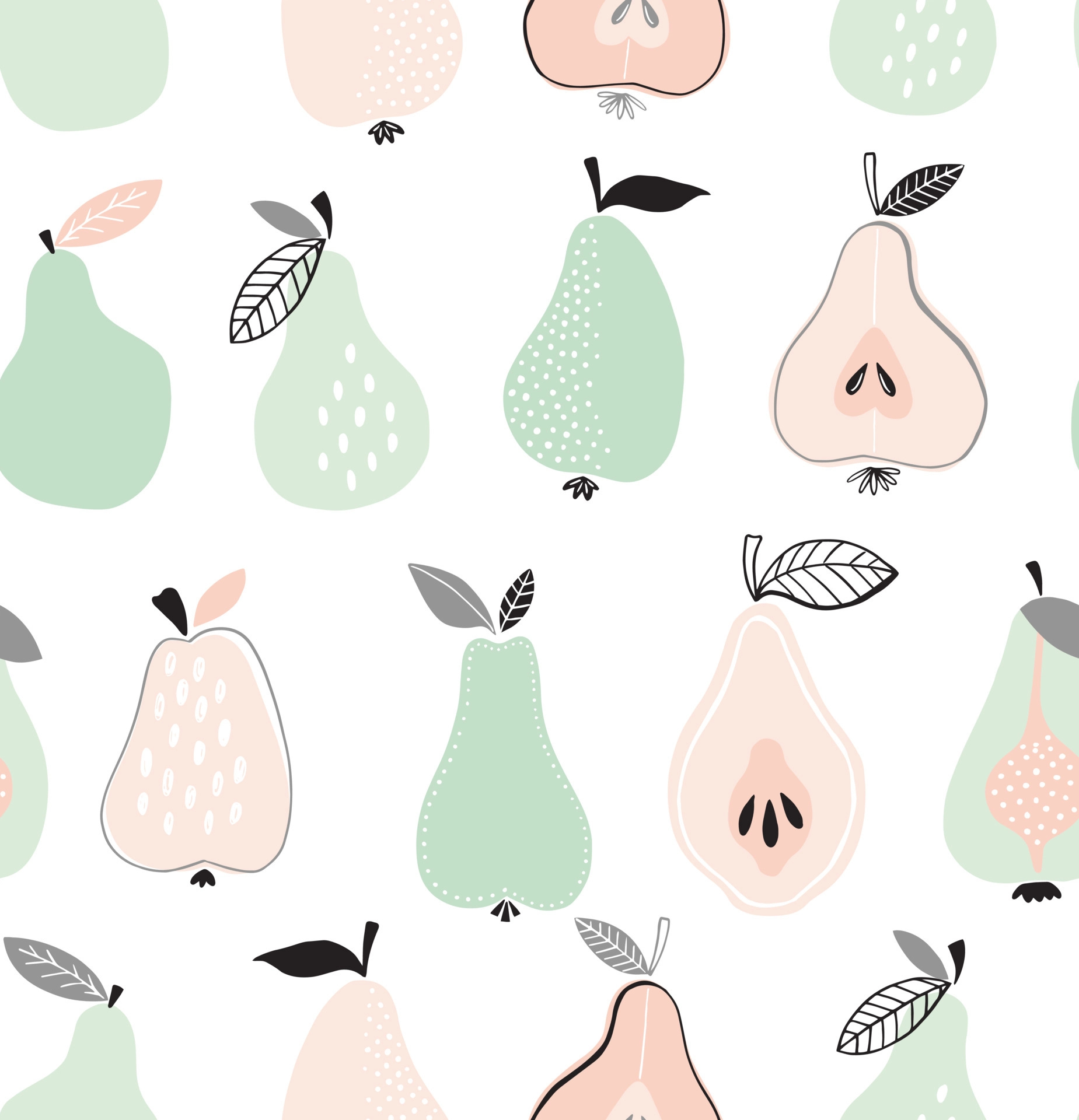 1849x1920 Pear fruit seamless pattern. Hand drawn creative pear vector background. Summer illustration in doodle trendy style and pastel colors. 6798531 Vector Art