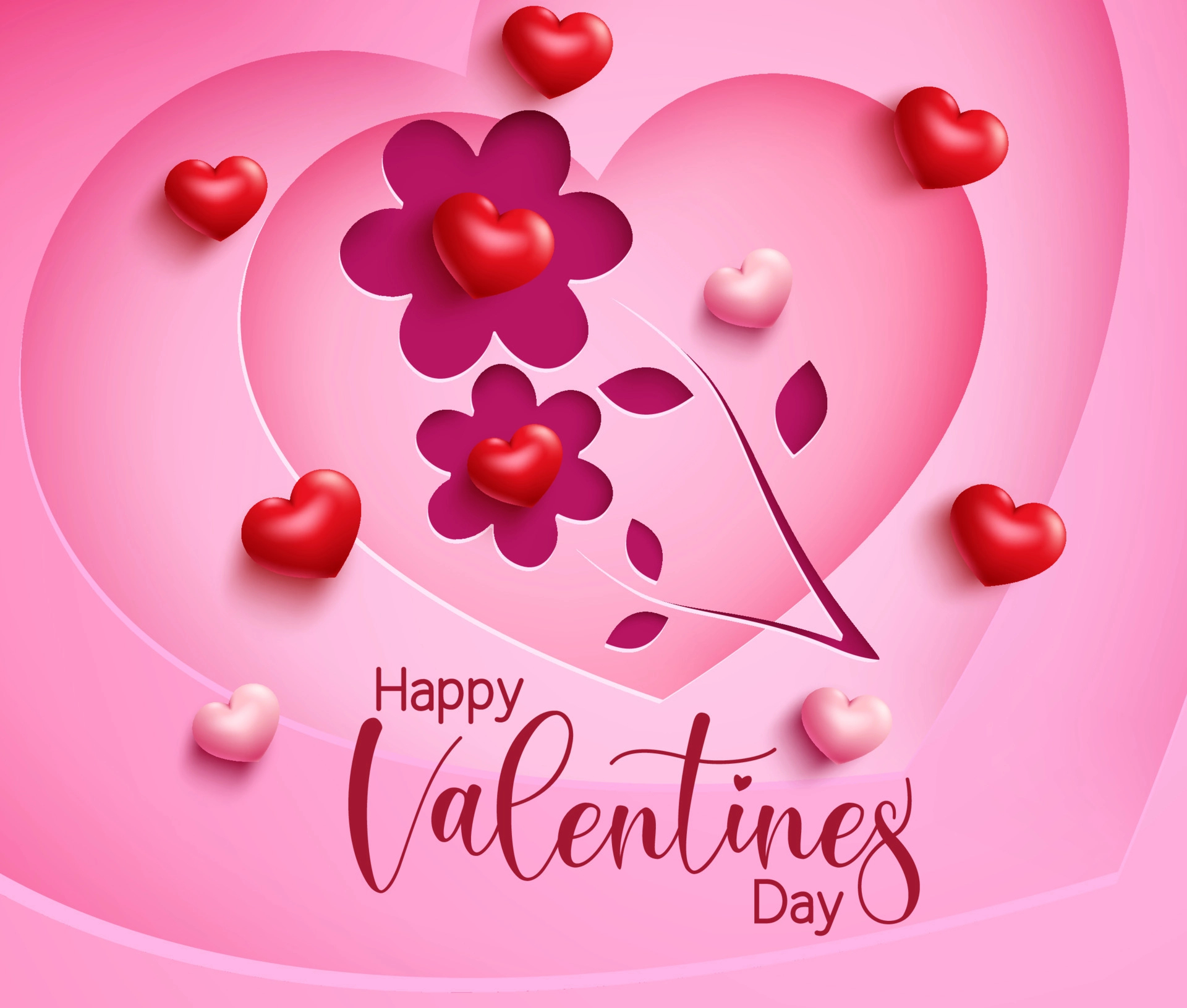 1920x1631 Valentines flower vector background design. Happy valentine's day text with paper cut flowers shape and 3d heart element for sweet and cute valentine greeting design. Vector illustration 4852345 Vector Art