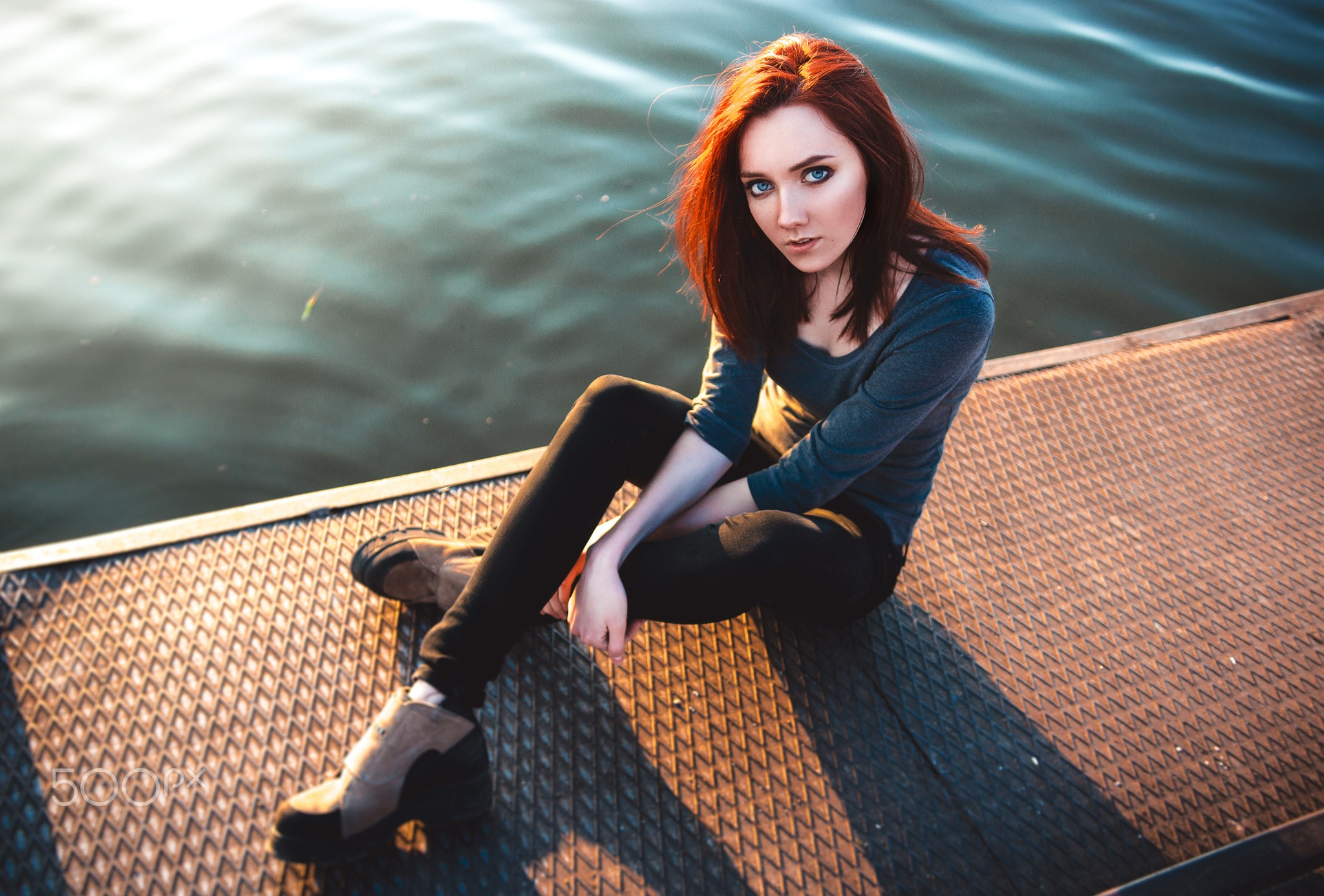 2048x1386 Wallpaper : women, redhead, model, blue eyes, water, glasses, looking at viewer, sitting, dress, pants, clothing, girl, beauty, lady, leg, photograph, image, human positions, portrait photography, photo shoot Motta123