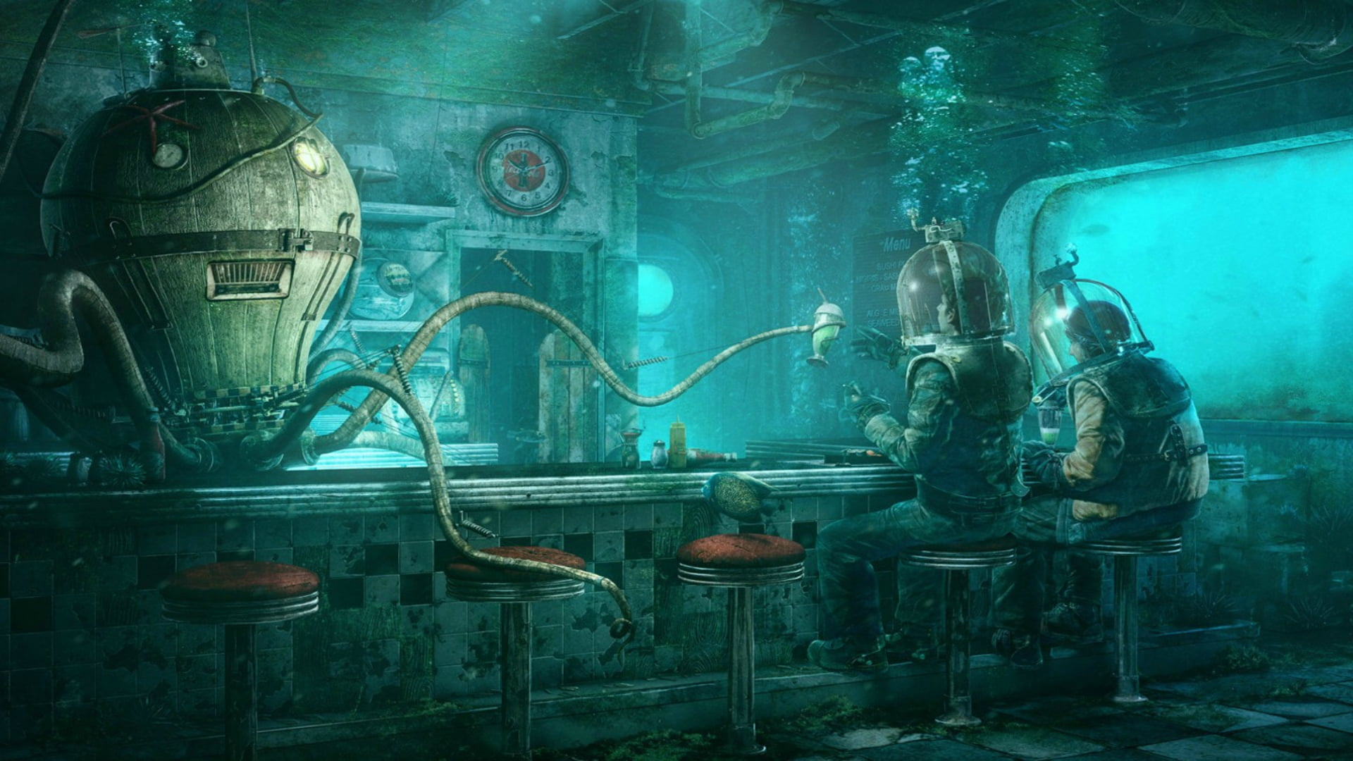1920x1080 Two divers in underwater restaurant in front of robot digital artwork, steampunk HD wallpaper