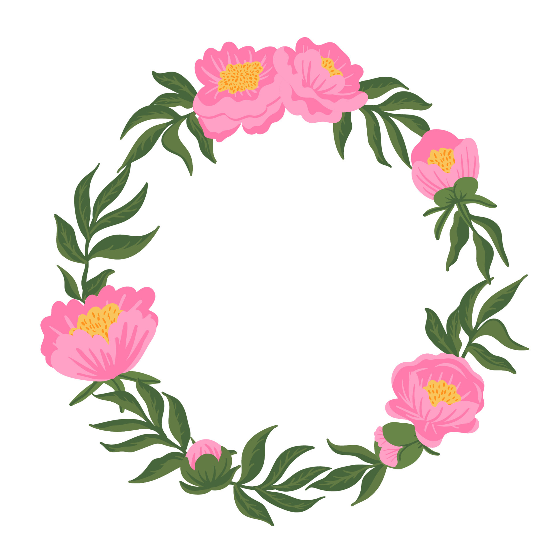 1920x1920 Romantic wreath pink peonies with green leaves. Card template. Isolated flower composition. Vector illustration for wedding invitation, patterns, wallpapers, fabric, wrapping. 4715177 Vector Art