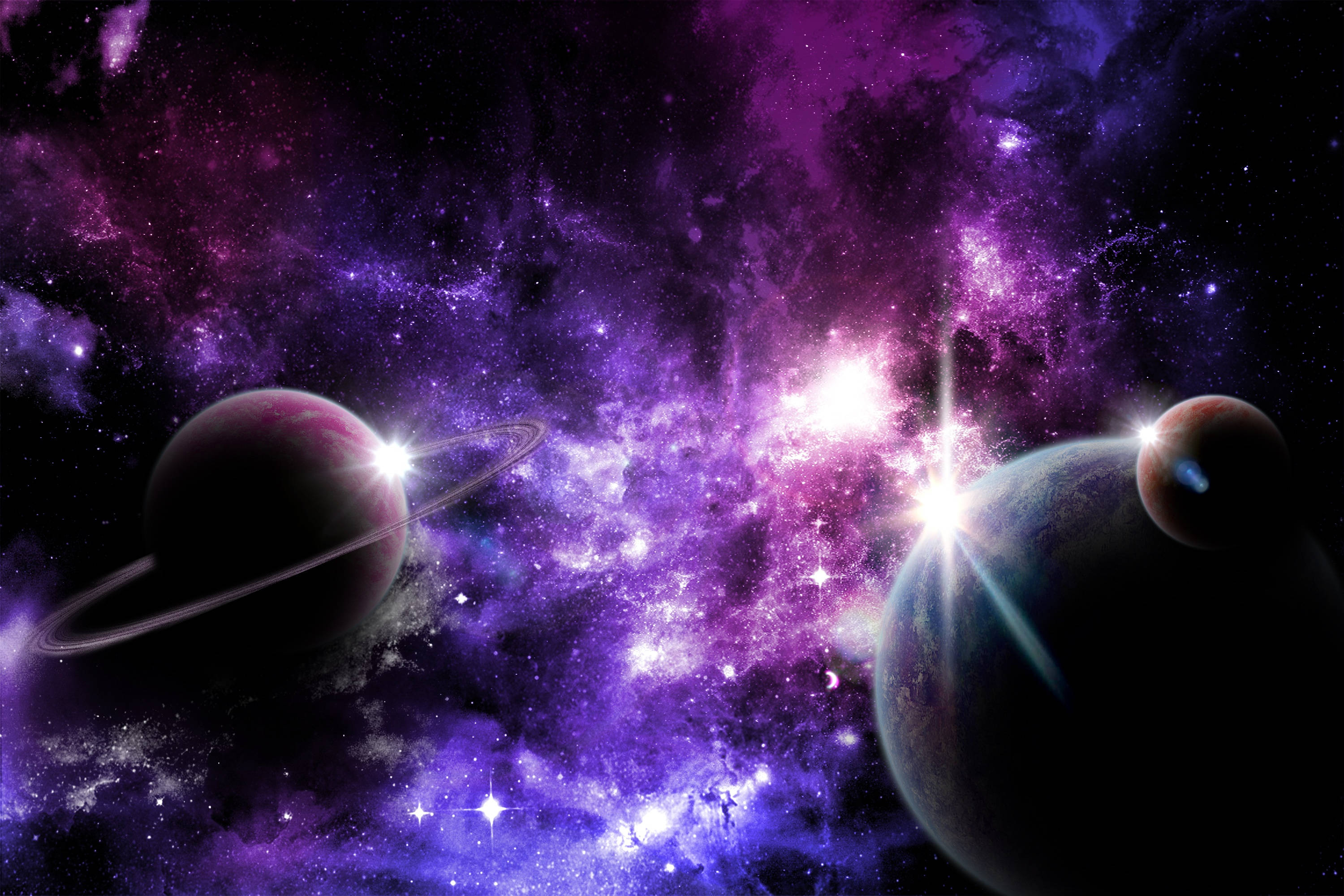 3000x2000 Download Abstract Planets In Purple Galaxy Space Wallpaper