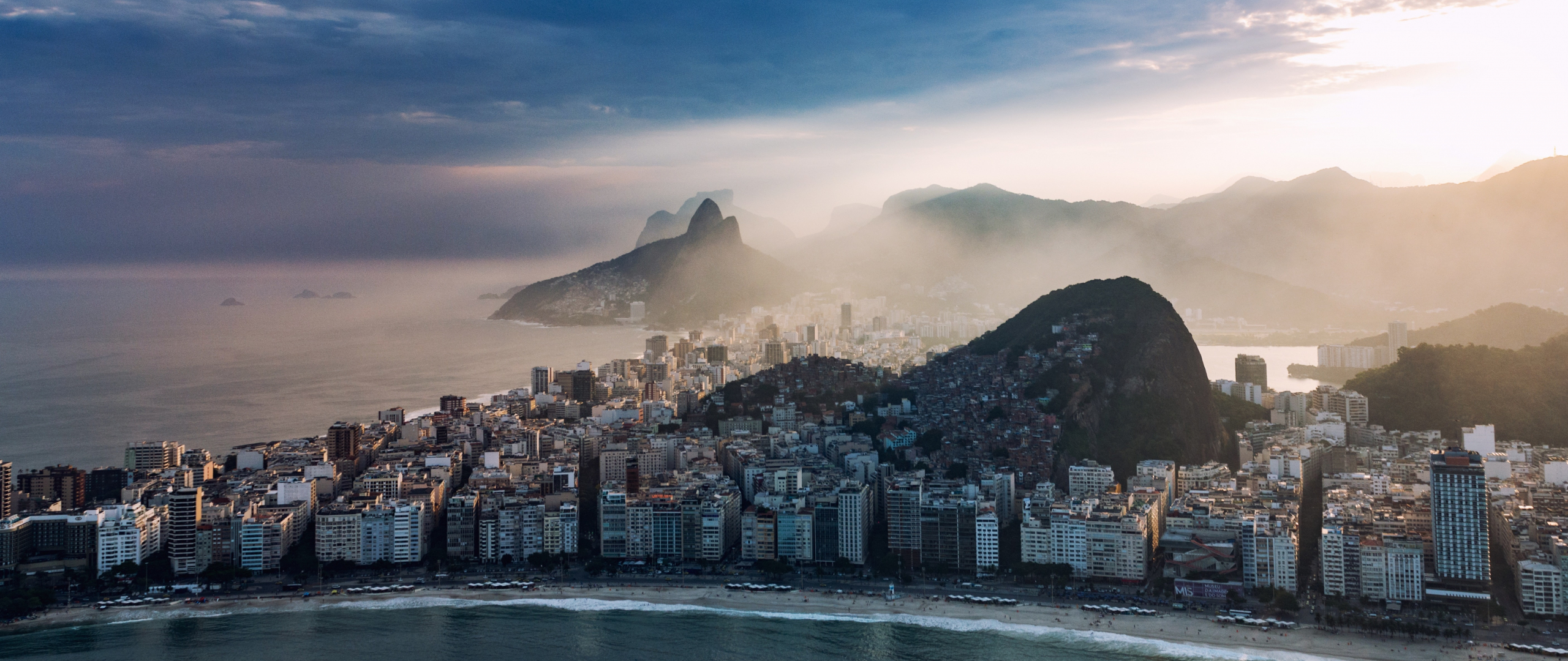 2560x1080 Download rio de janeiro, city, buildings and mountains, aerial view wallpaper, dual wide hd image, background, 8710
