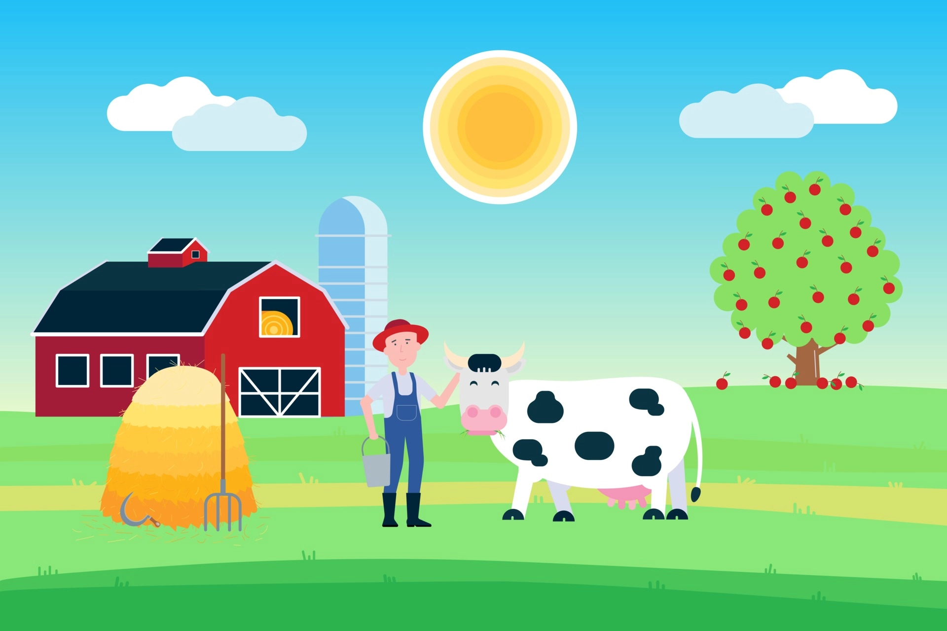 1920x1280 Landscape with black white spotted cow stand with grass mouth near farmer and haystack in front of red barn flat style vector illustration. Blue sky and sunlight. Poster or wallpaper for milk