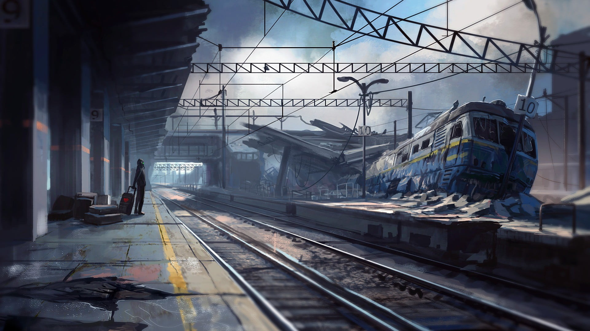 1920x1080 Man in front of destroyed train digital wallpaper, artwork, fantasy art, apocalyptic, train station HD wallpaper