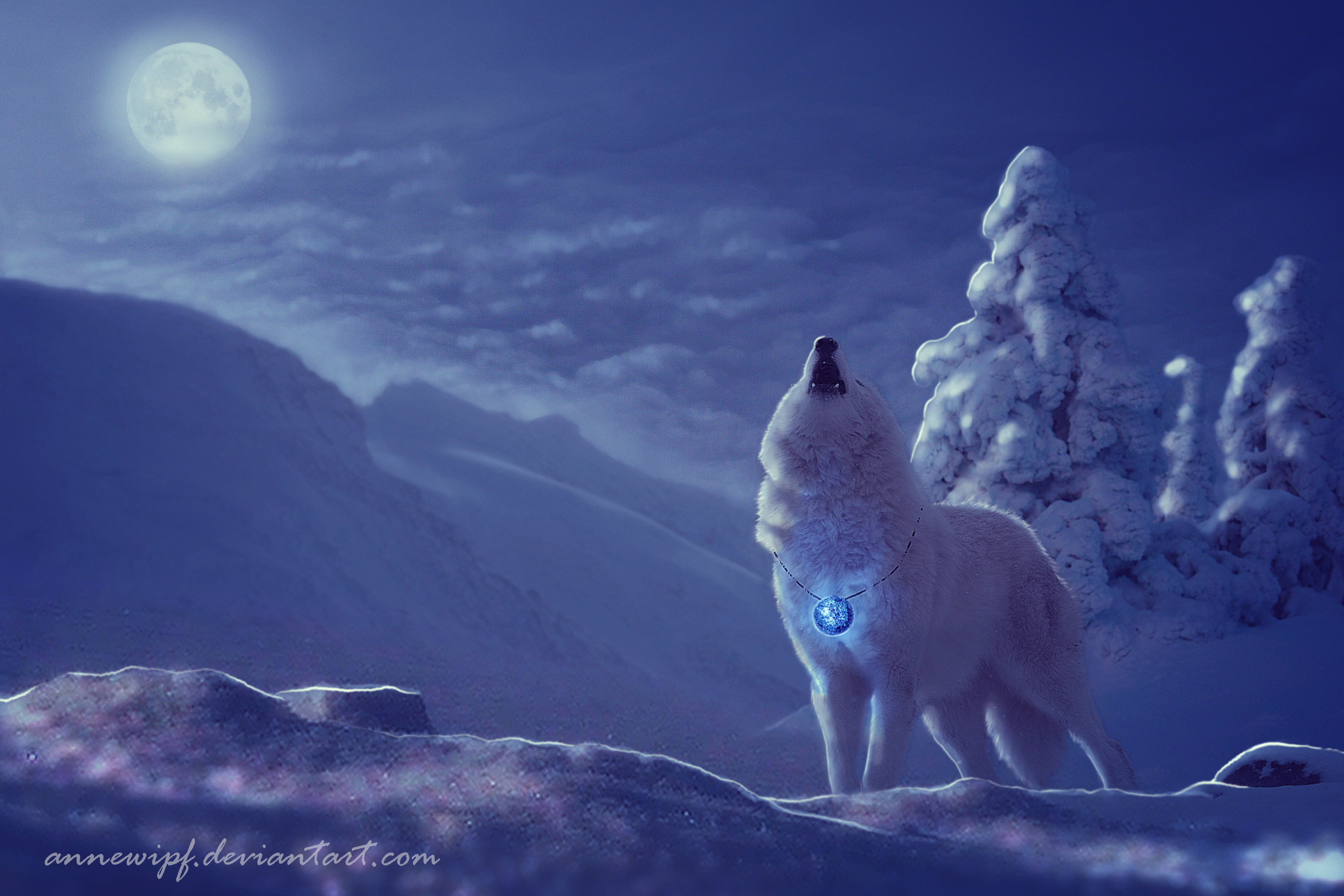 3000x2000 Wolf on Full Moon Winter Night by Anne Wipf