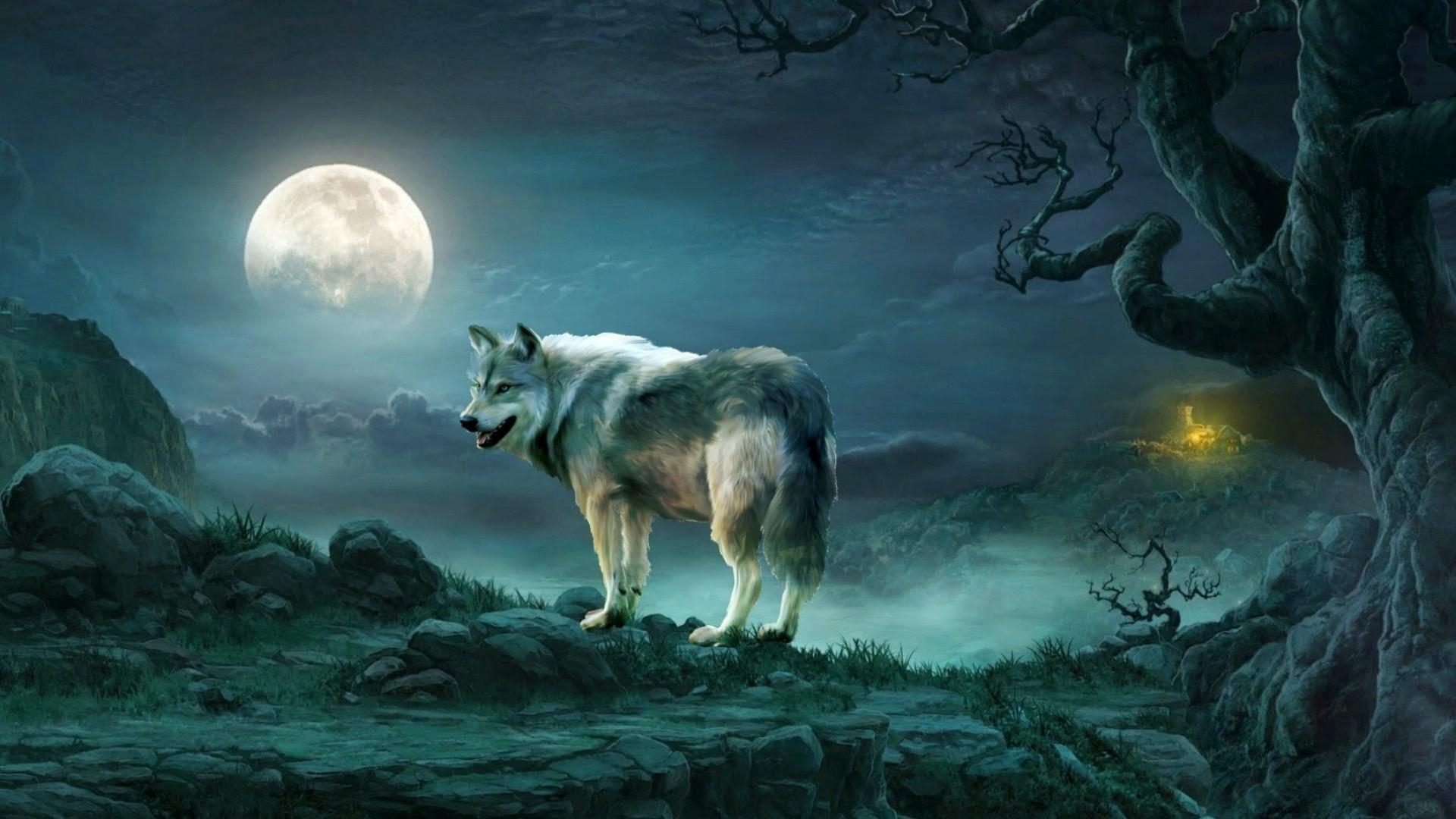 1920x1080 Wolf under the full moon Fantasy art wallpaper backiee
