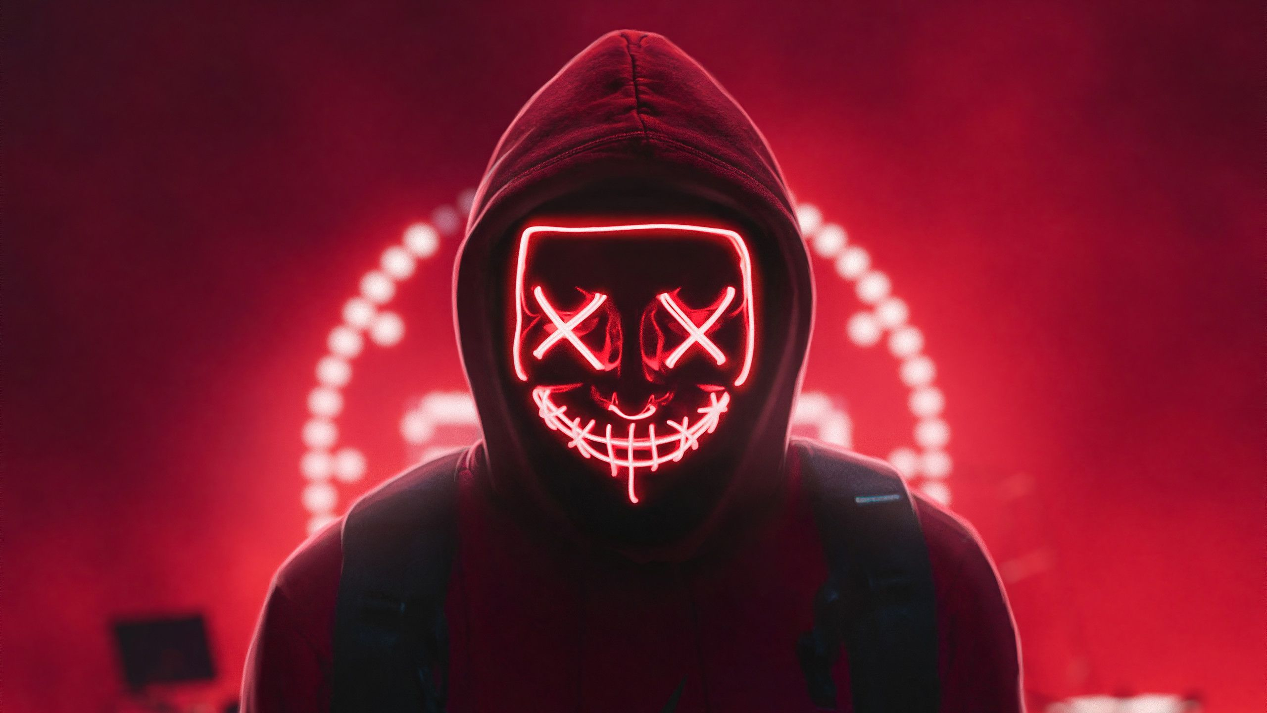 2560x1440 Wallpaper : Red Neon Mask, digital art, LEDs, red, neon, mask, creepy eyes, Photoshop, lights, faceless, hoods, artwork, photomontage MixclubRecords 1860191 HD Wallpapers