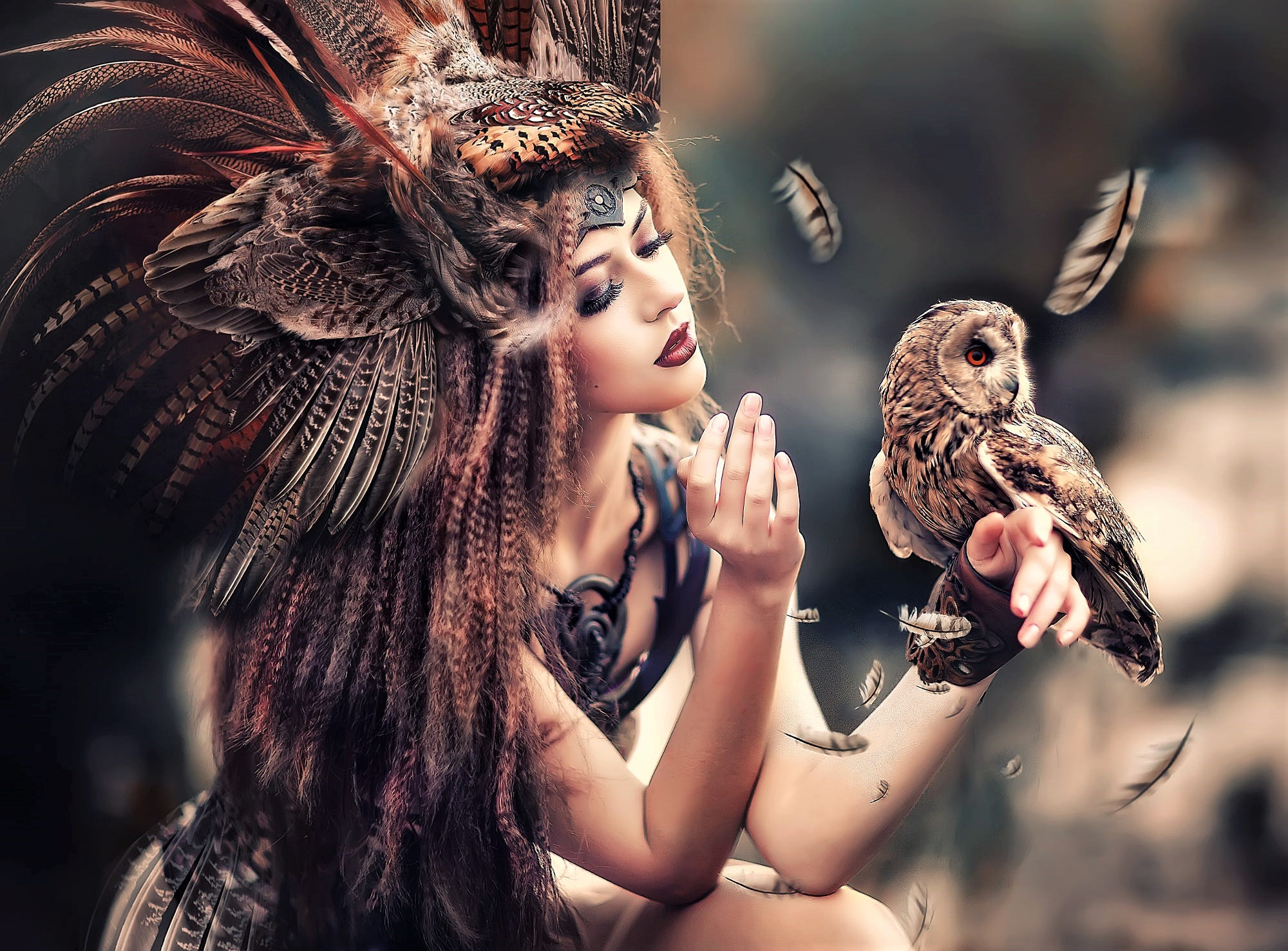 2000x1478 Girl with Owl and Feathers by Irina Nedyalkova
