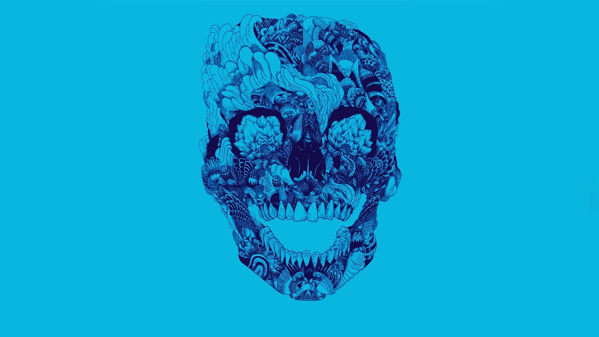 1920x1080 Gray and white sugar skull, minimalism, skull, simple background, blue background HD wallpaper