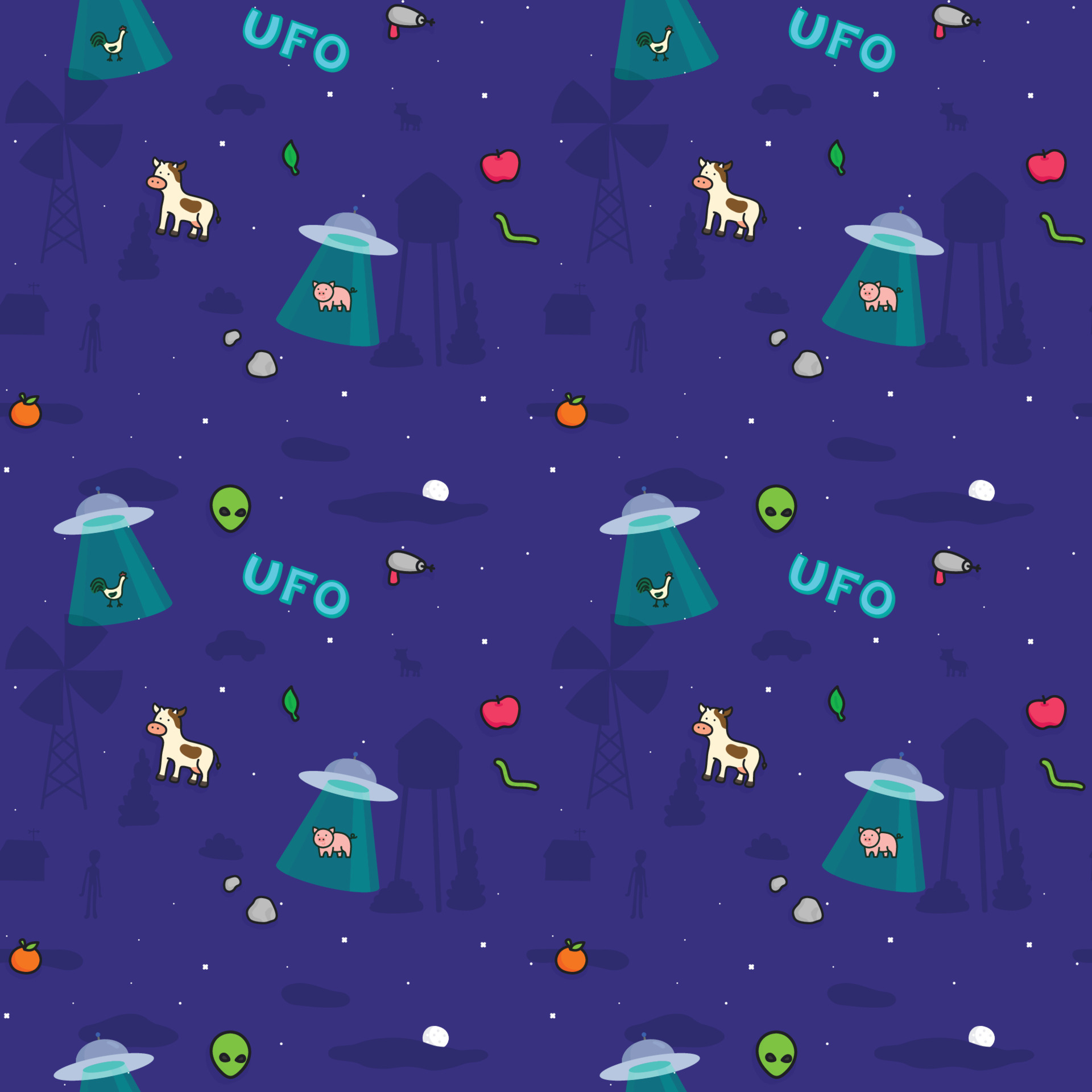 1920x1920 UFO aliens invade farmhouse at night seamless pattern Gift Wrap background wallpaper 11006546 Vector Art