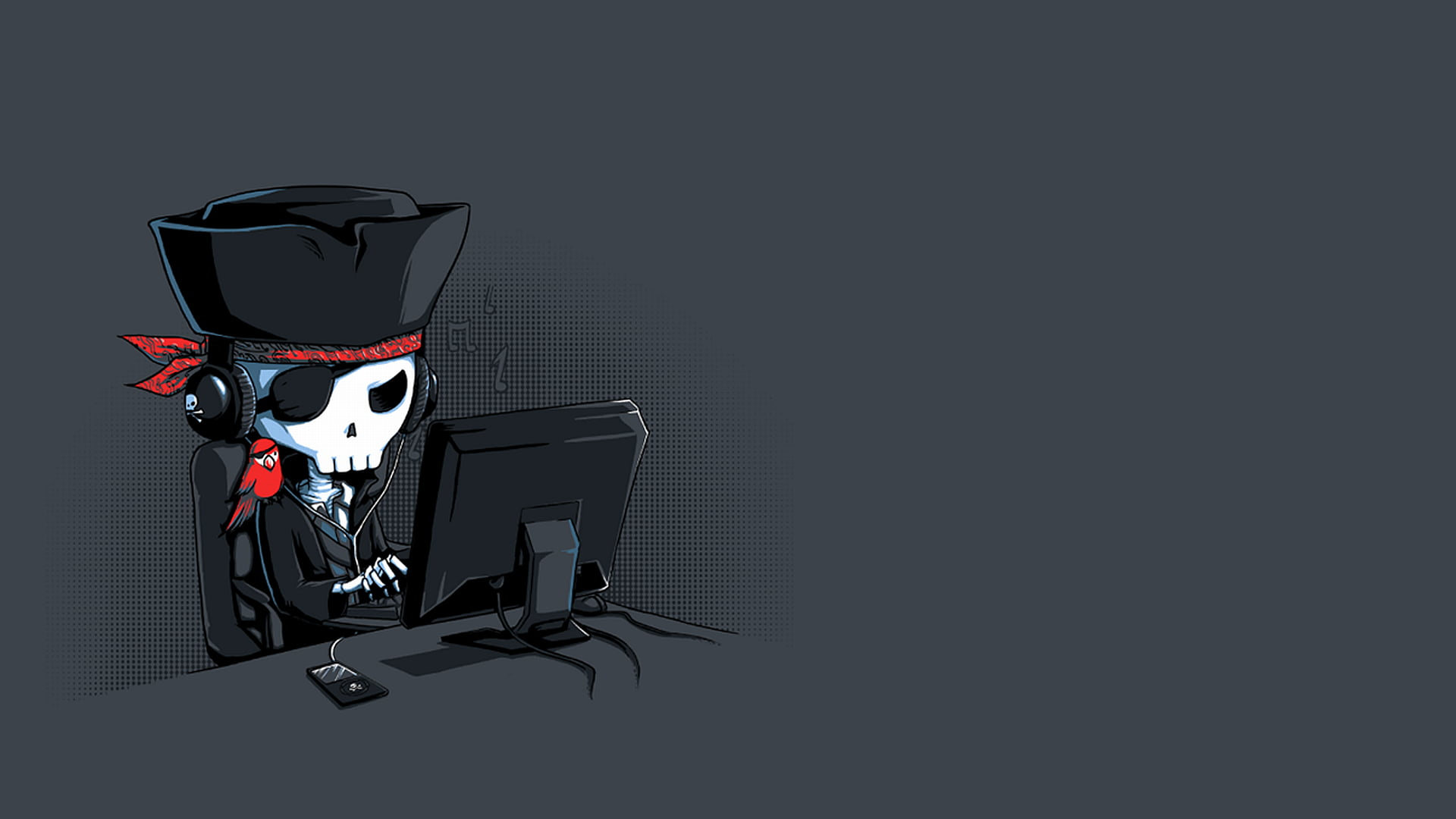 1920x1080 Skull sitting facing monitor wallpaper, pirates, computer, skeleton, minimalism HD wallpaper
