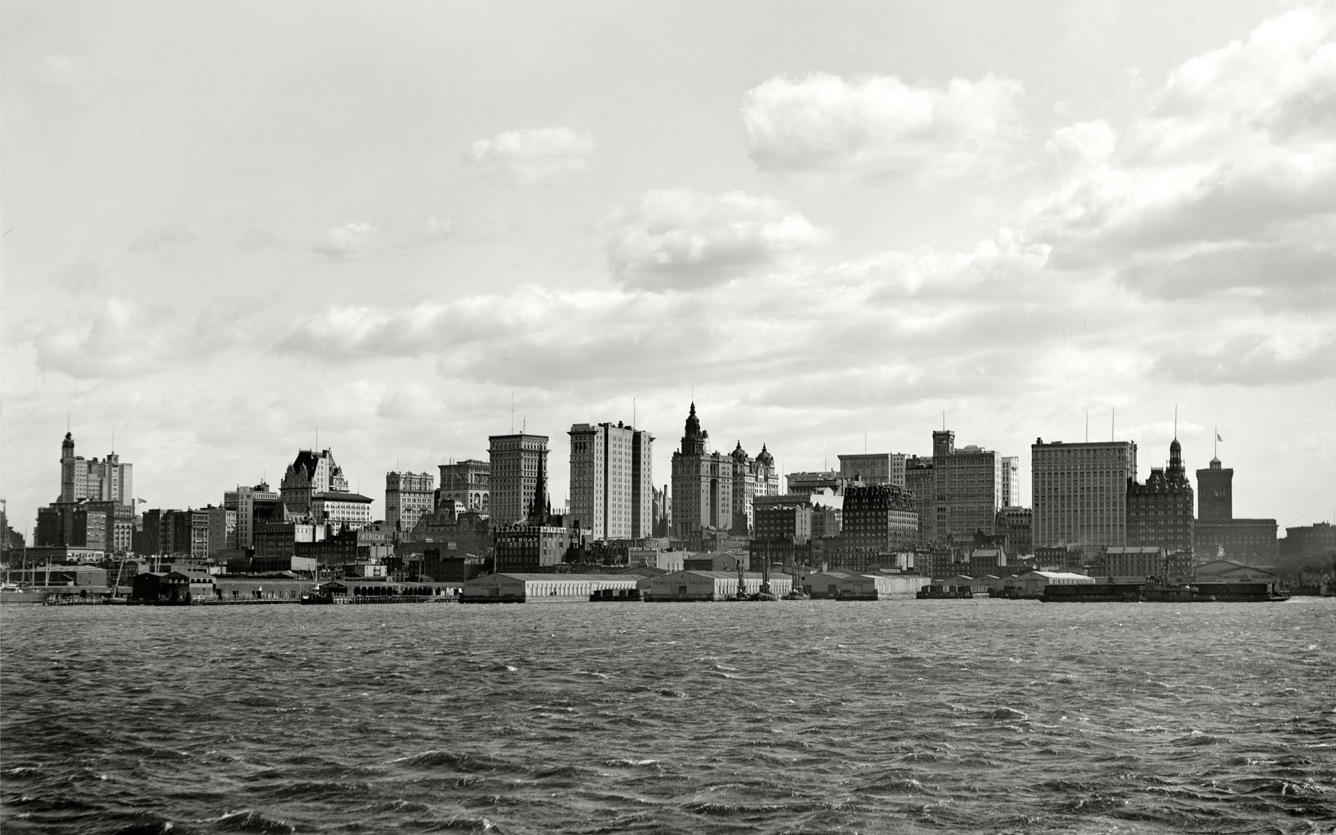 1920x1200 new, York, Nyc, 1901, World, Cities, Architecture, Buildings, Skyscrapers, Sky, Clouds, Bay, Rivers, Water, Black, White Wallpapers HD / Desktop and Mobile Backgrounds