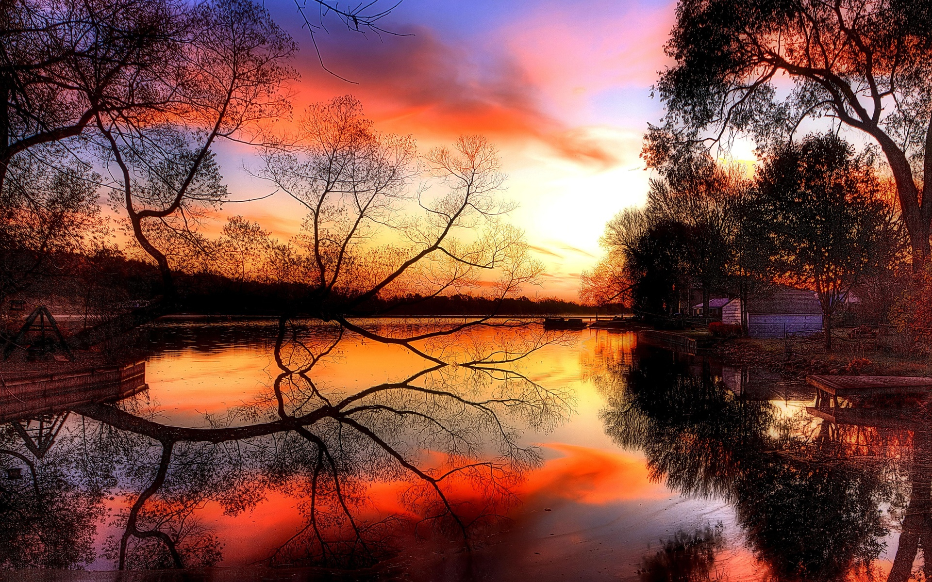 1920x1200 autumn, Sunset, Pond, Lakes, Reflection Wallpapers HD / Desktop and Mobile Backgrounds