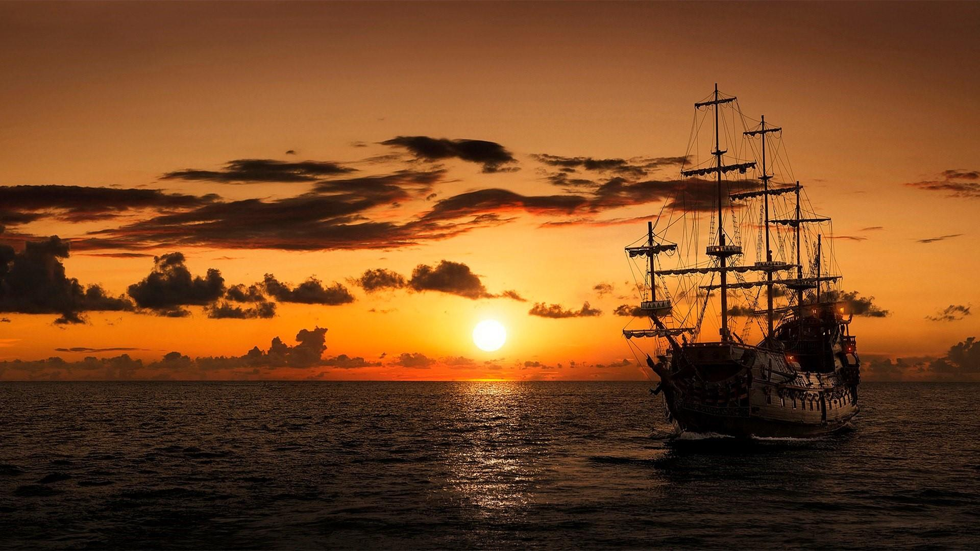 1920x1080 Pirate ship in the sunset wallpaper backiee