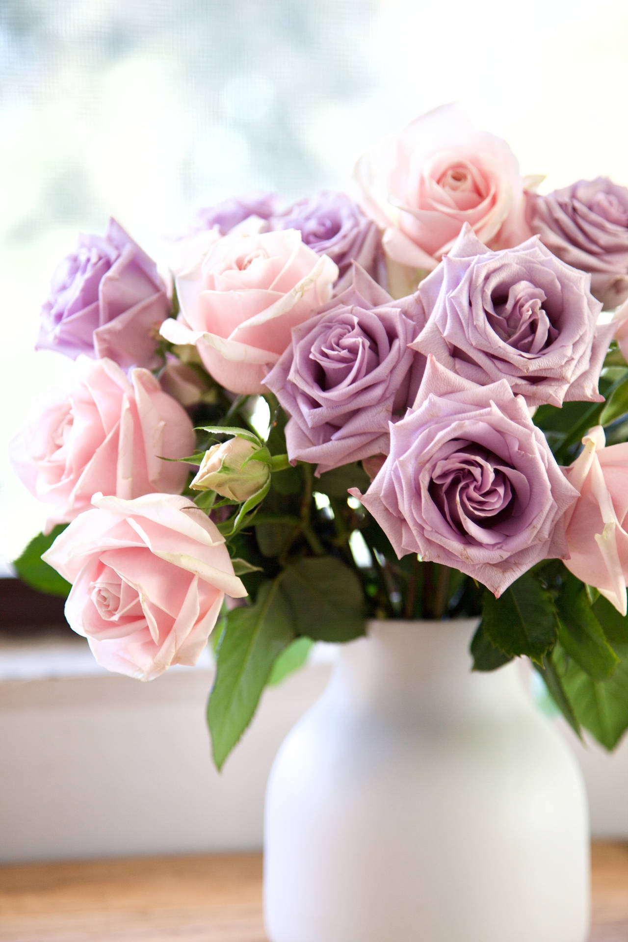 1280x1920 Download Pink And Purple Roses In White Vase Wallpaper