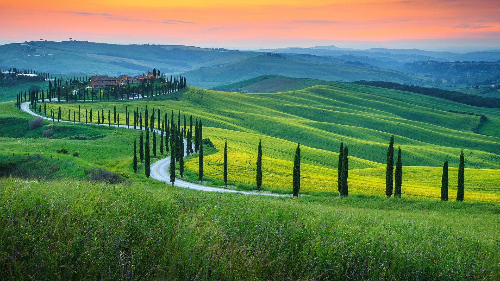 1920x1080 Famous Tuscany landscape with curved road and cypress, Crete Senesi at sunset, Italy | Windows 10 Spotlight Images