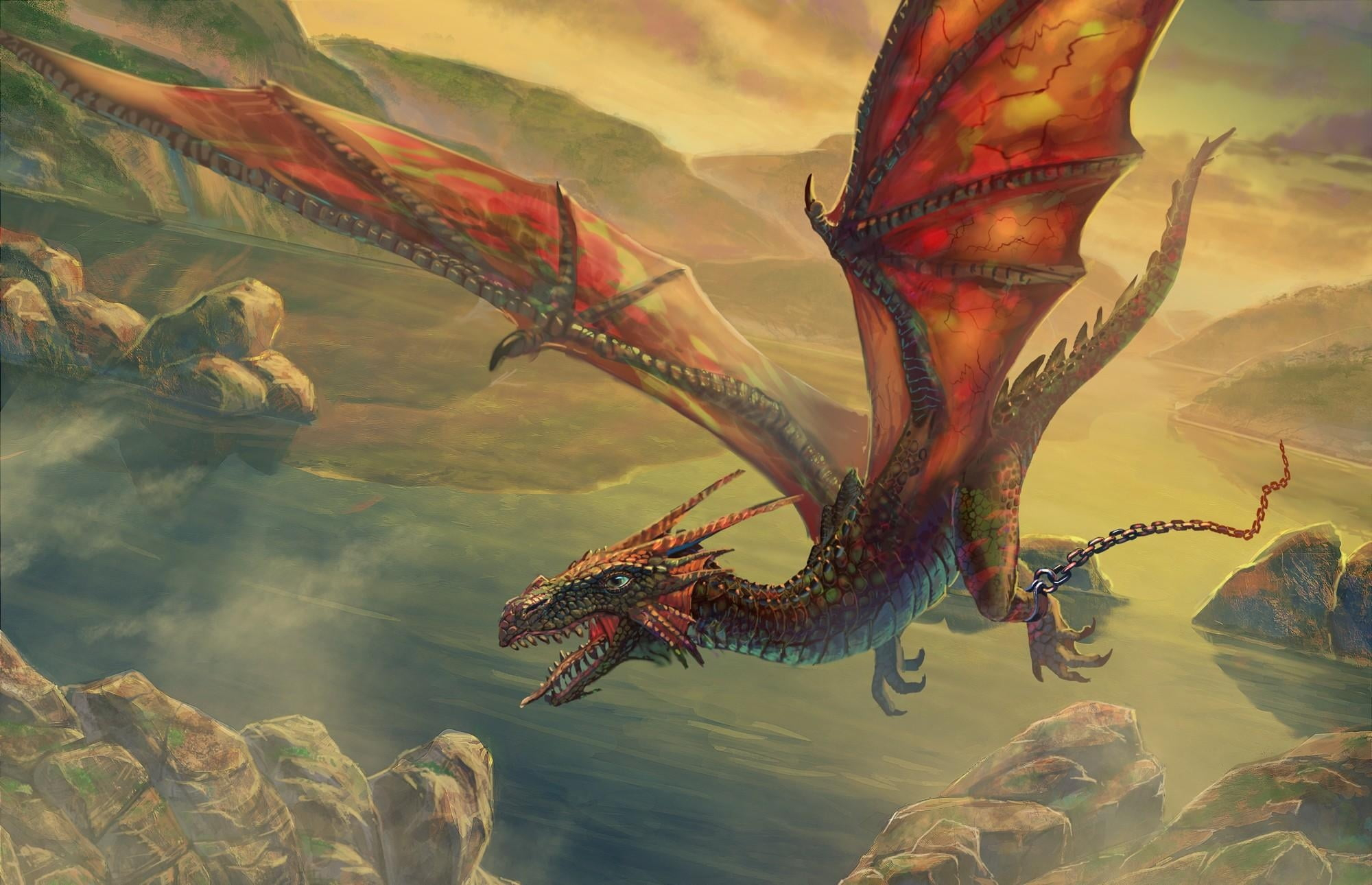 2000x1290 Red dragon flying on sky digital wallpaper HD wallpaper
