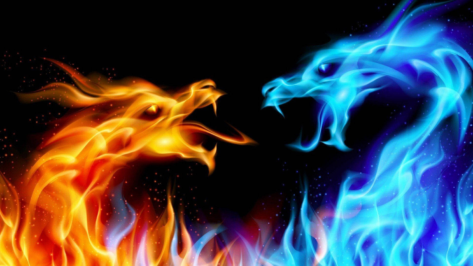1920x1080 Download Dragons Red And Blue Flames Art Wallpaper