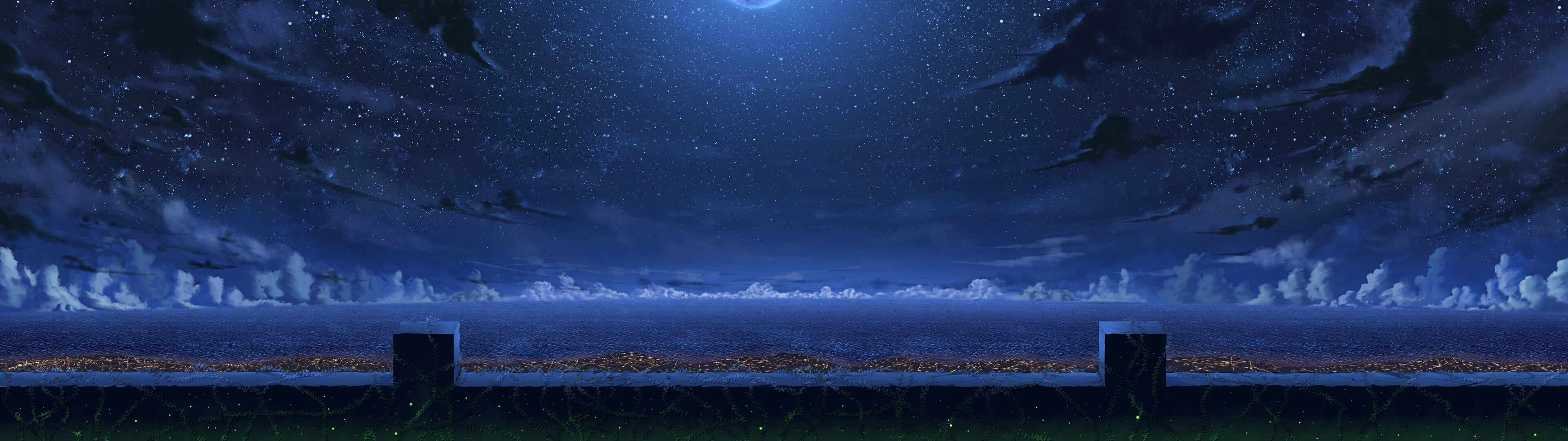 3840x1080 Panoramic photo of landscape during night, panorama, artwork, sea, clouds HD wallpaper