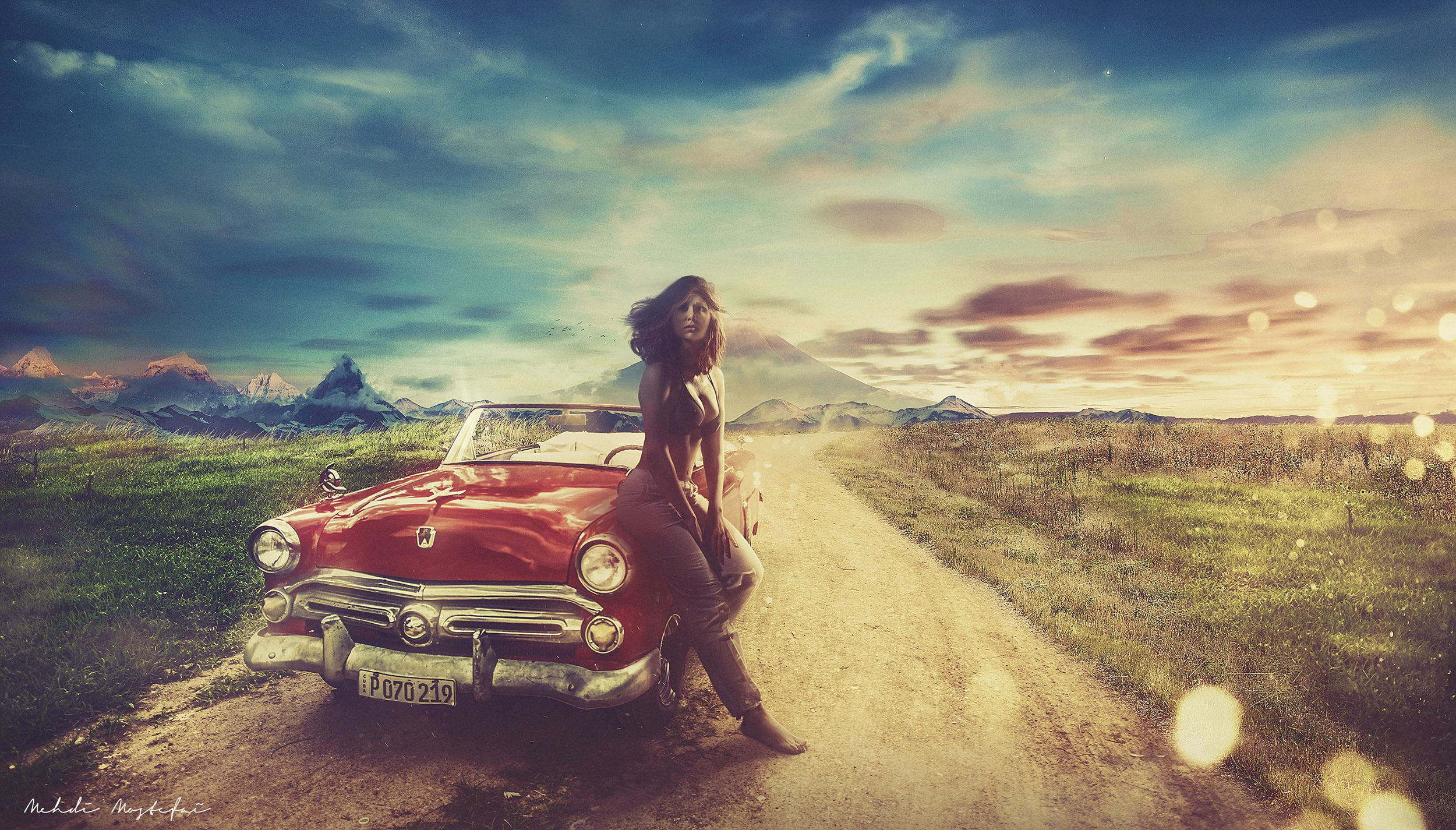 2500x1425 woman on red car painting Hot girl Vintage car #Landscape #Warm #HD #1080P # wallpaper #hdwallpaper #desk&acirc;&#128;&brvbar; | Red car, Vintage desktop wallpapers, Vintage photography