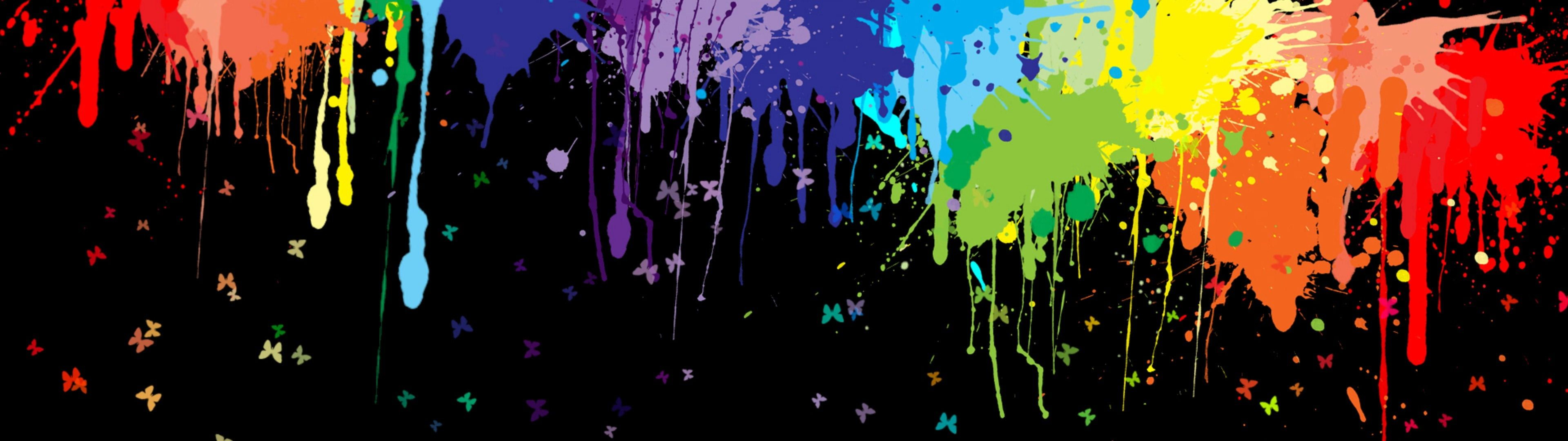 3840x1080 red, blue, purple, and green splash paint artwork paint splatter #colorful multiple display #butterfly #artwork #4K&acirc;&#128;&brvbar; | Pink abstract painting, Painting, Red artwork