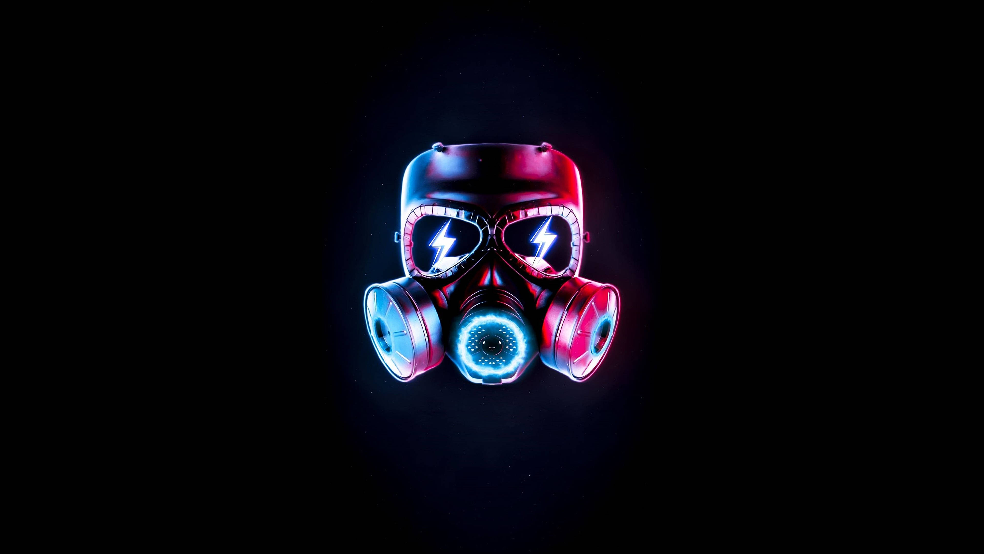3840x2160 Download Neon Gas Mask On Plain Black Wallpaper