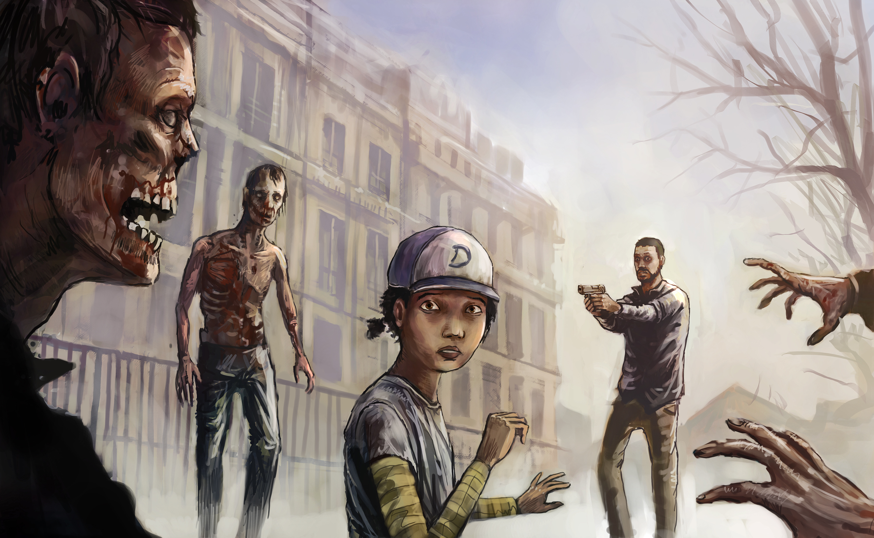 3000x1849 the, Walking, Dead, Art, Girl, Man, Zombies, Building, Zombie Wallpapers HD / Desktop and Mobile Backgrounds