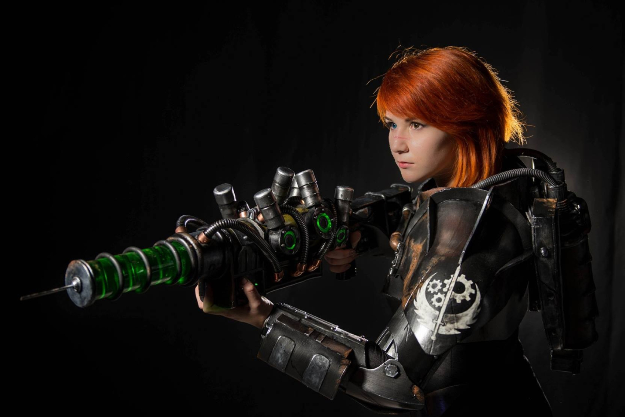 2048x1367 Wallpaper : women, redhead, cosplay, fashion, power armor, Fallout 4, clothing, guitarist, singing, stage, darkness, costume, screenshot, computer wallpaper pvtpwn 96327 HD Wallpapers