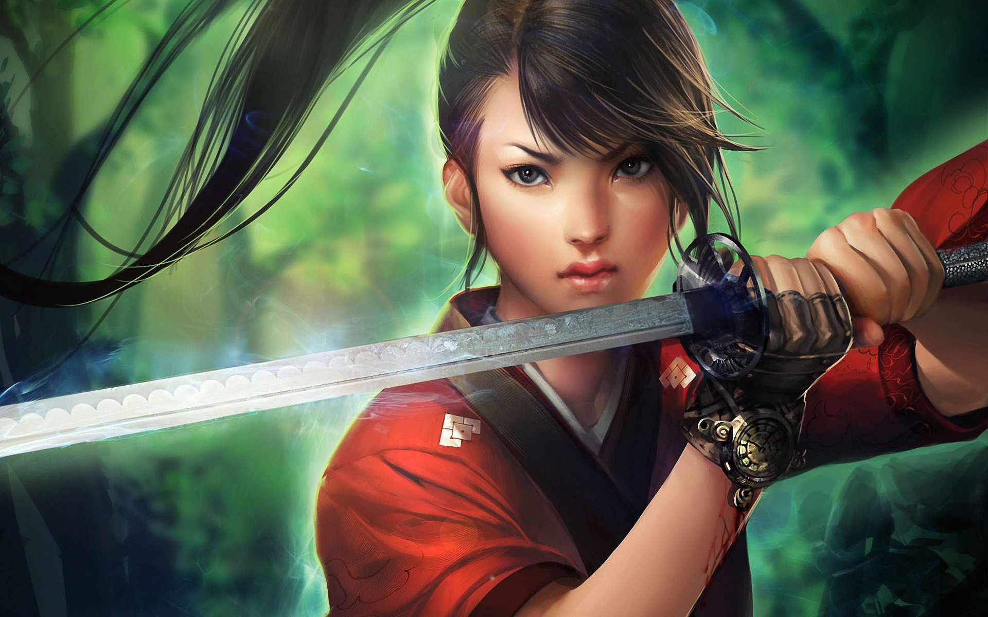 1920x1200 anime, Samurai, Girl, Sword, Long, Hair, Forest Wallpapers HD / Desktop and Mobile Backgrounds