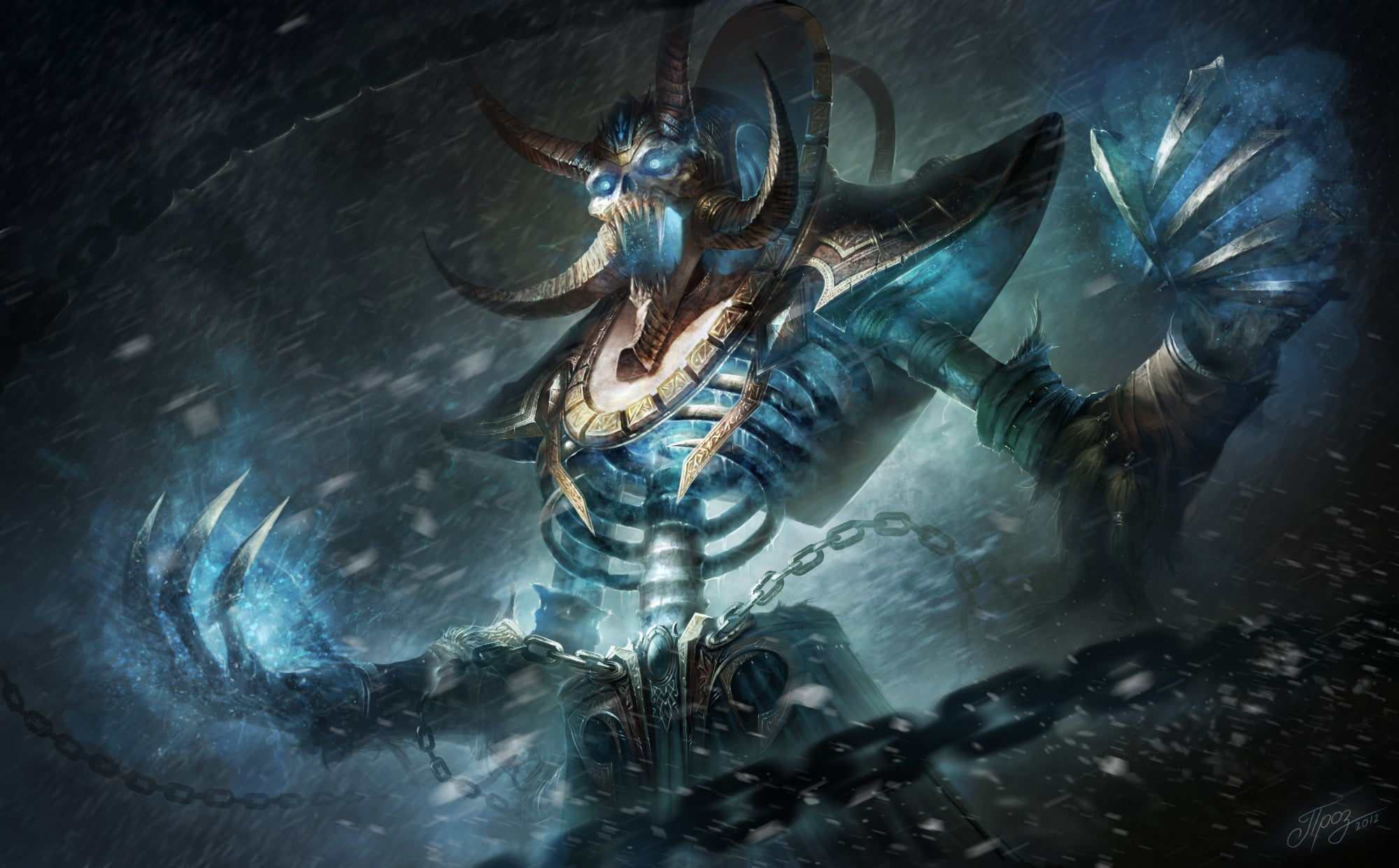 2000x1241 Blue and brown skeleton painting, Kel'Thuzad, World of Warcraft: Wrath of the Lich King, Warcraft III HD wallpaper