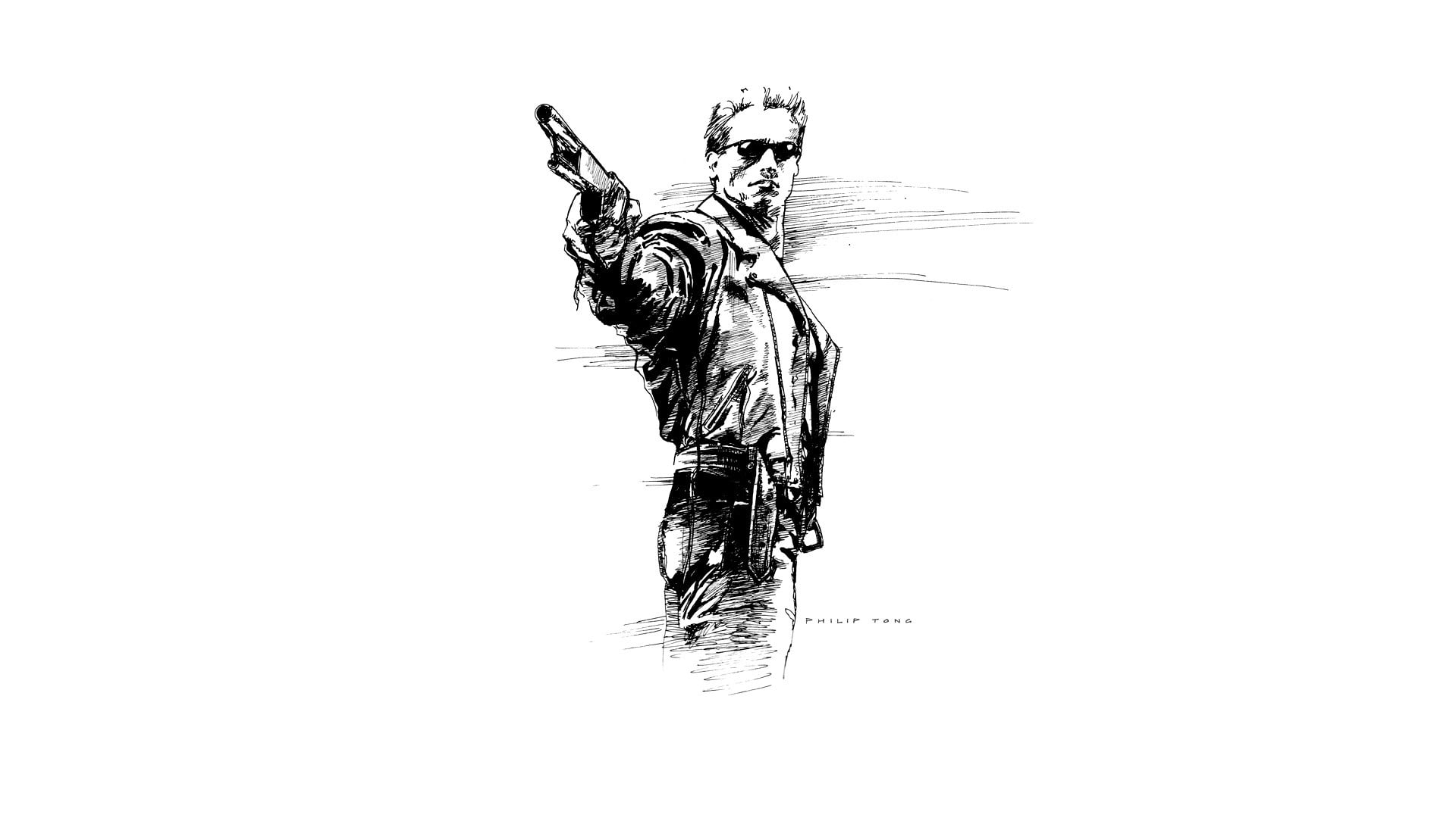 1920x1080 Man holding rifle illustration, artwork, drawing, movies, Terminator 2 HD wallpaper