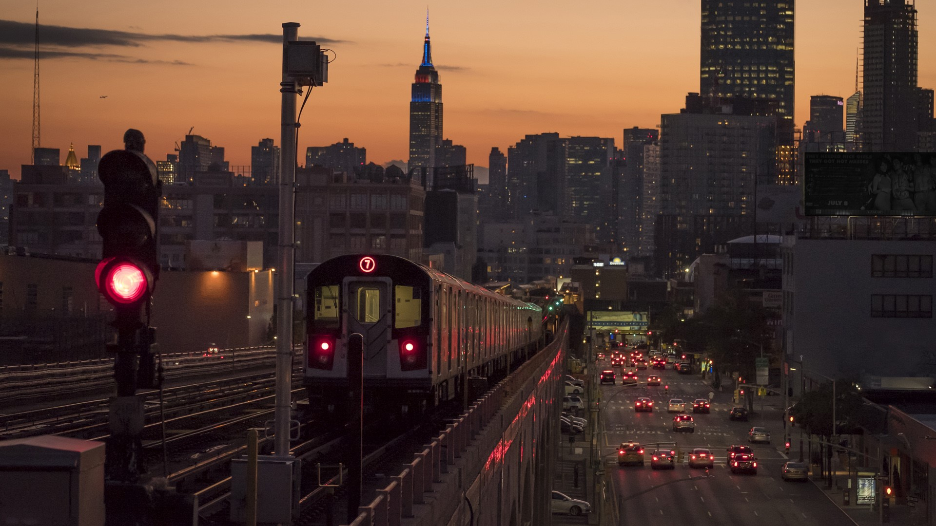 1920x1080 Wallpaper : train, car, road, tracks, railway, red light, building, skyscraper, cityscape, clouds, sky, poster, Empire State Building, Manhattan, New York City, USA RhazinGG 1780671 HD Wallpapers