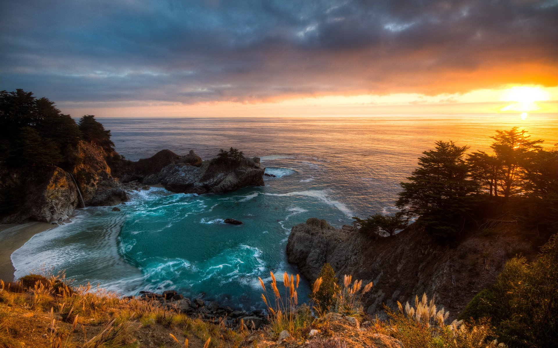 1920x1200 Landscape sunset california mcway falls ocean sea cliff wallpaper | | 632934