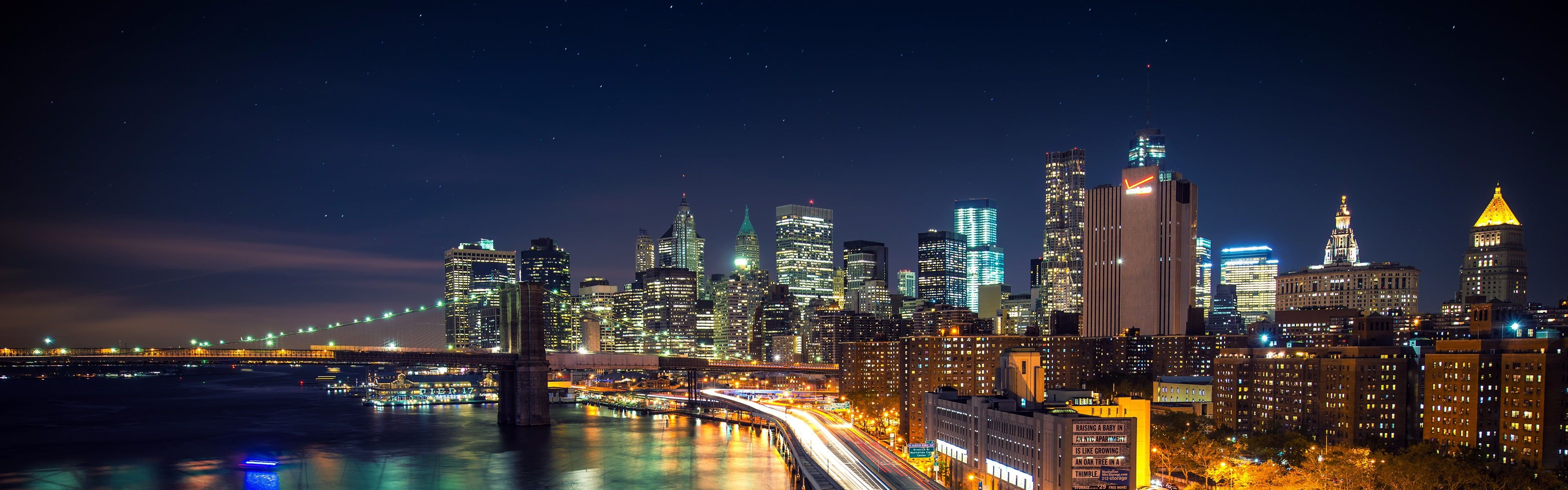 3840x1200 city skyline New York City #city #night #lights long exposure Brooklyn Bridge multiple display dual monitors #4K #wall&acirc;&#128;&brvbar; | City skyline, Skyline, New york city night