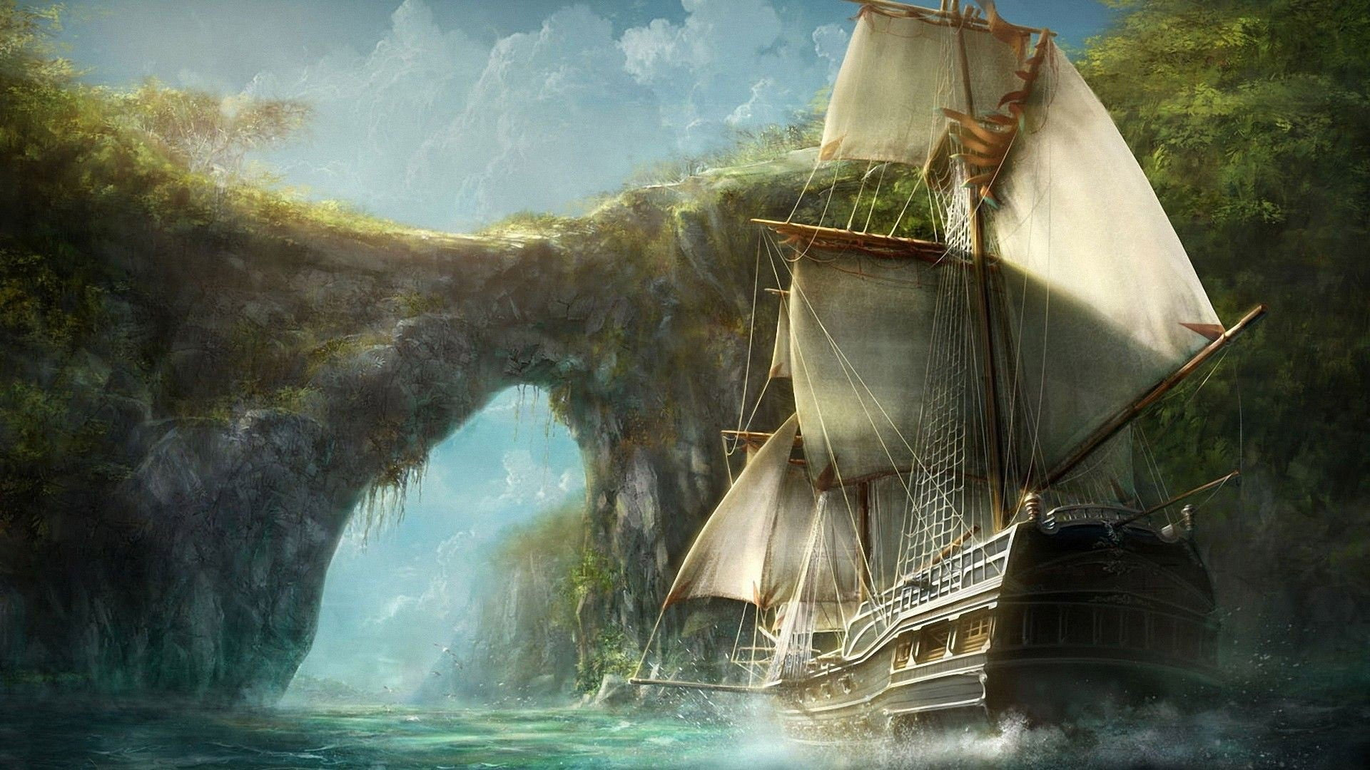 1920x1080 White and brown galleon ship illustration, old ship, ship, rocks, water HD wallpaper