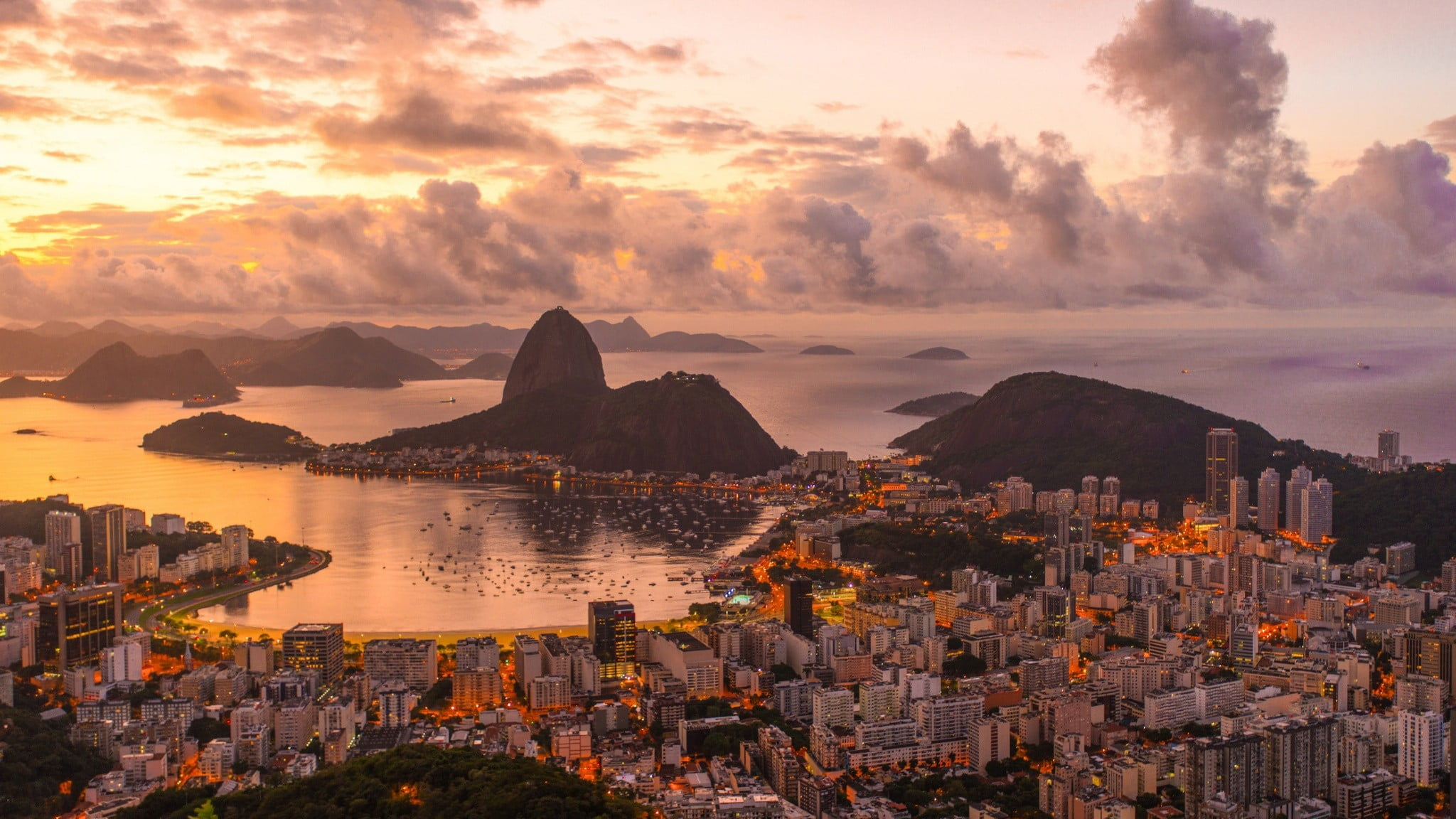 2048x1152 Green mountain, city, cityscape, Rio de Janeiro, Brazil HD wallpaper |