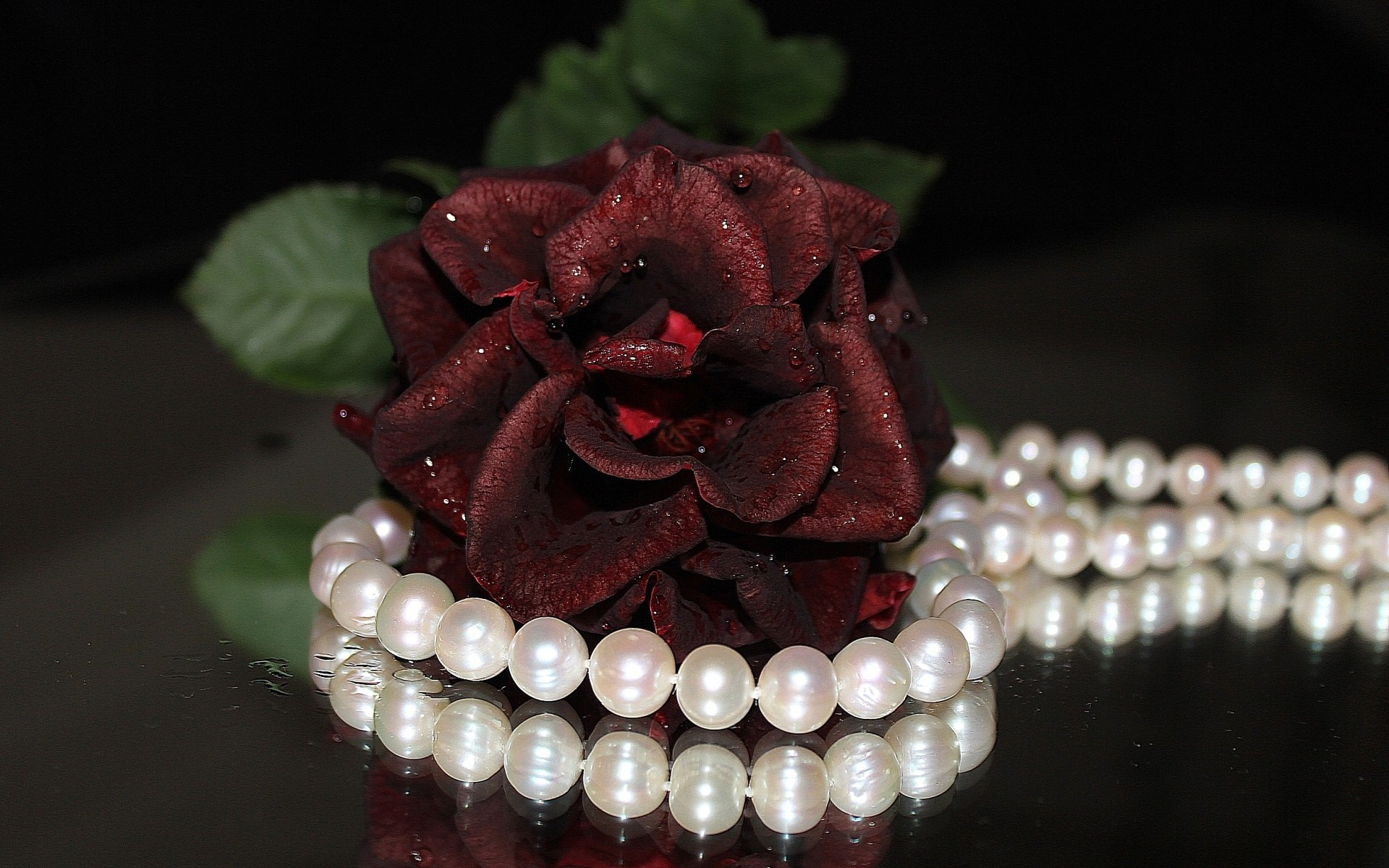 1920x1200 Red Rose and Pearls
