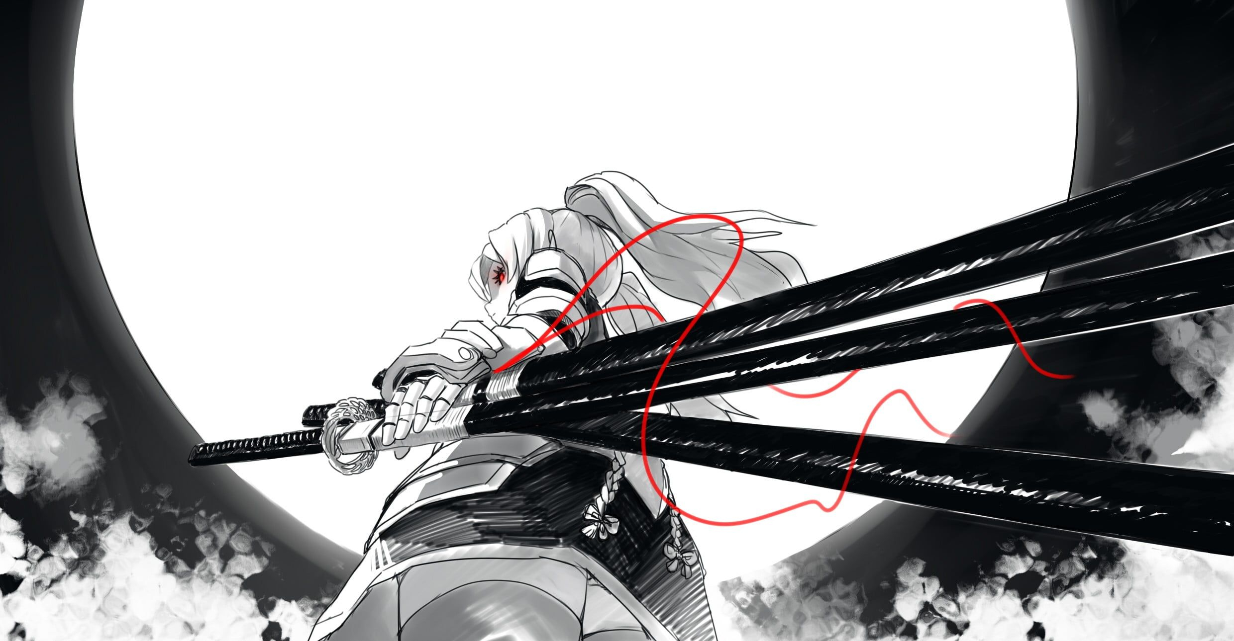 2480x1290 female anime character holding swords digital wallpaper #drawing digital art #samurai #sword #katana #dark #anime selective&acirc;&#128;&brvbar; | Samurai wallpaper, Katana, Dark anime