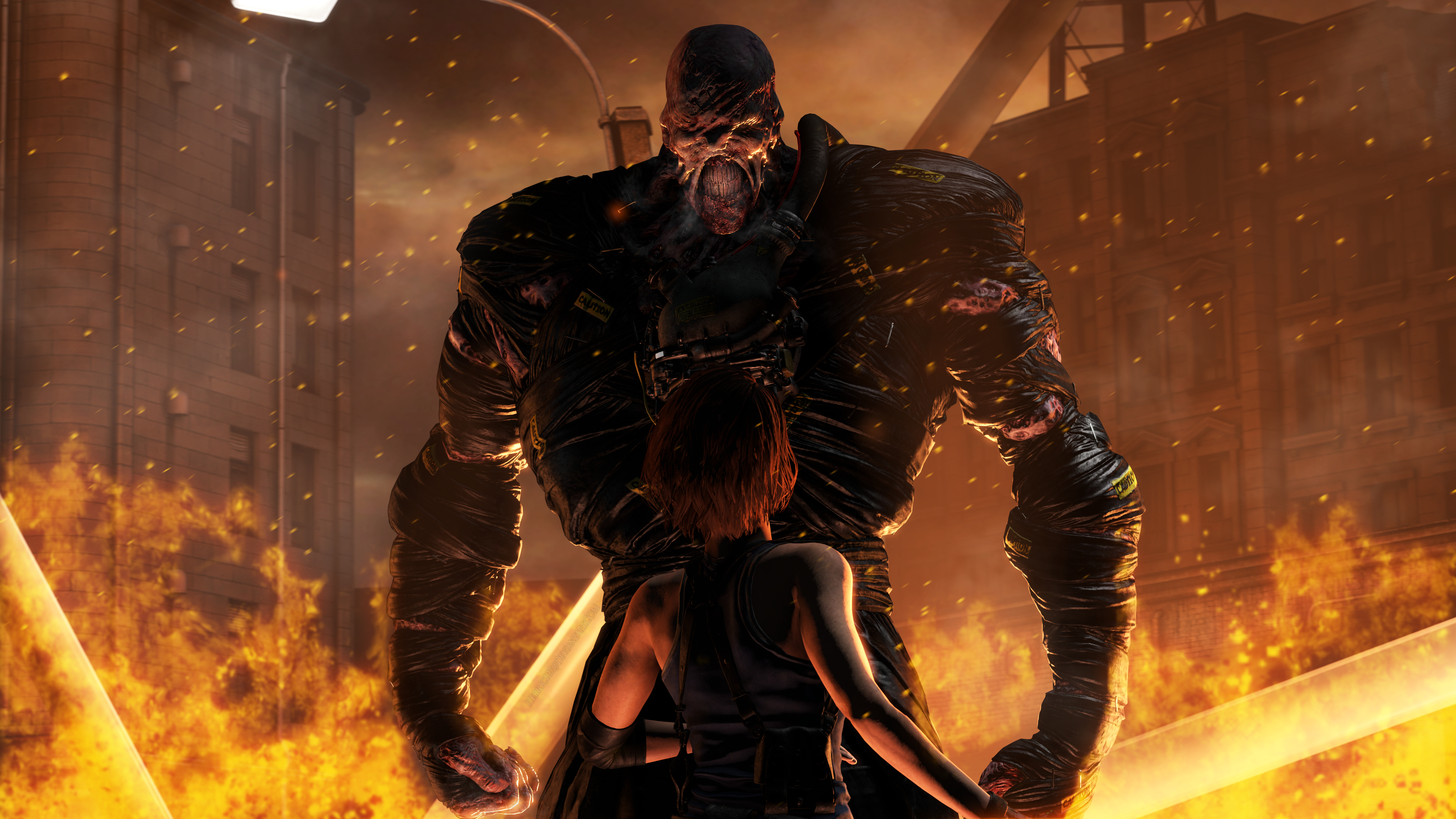 3840x2160 Resident Evil, Resident Evil 3 Remake, Capcom, Nemesis, Mutant, building, horror, creature, face to face, burning | Wallpaper