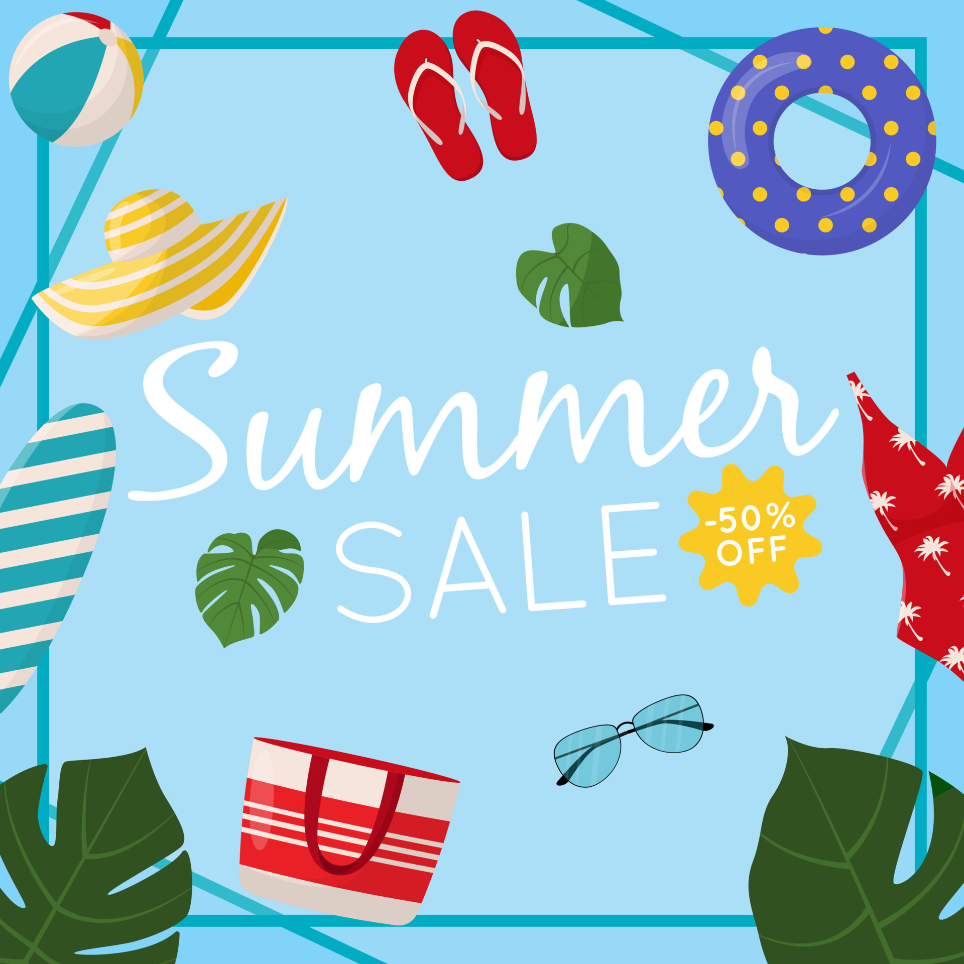 1920x1920 Summer sale web banner design. Summer sale discount text with beach elements like swimsuit, beach ball and flip flops for summer seasonal promotion for banners, wallpaper 8455368 Vector Art