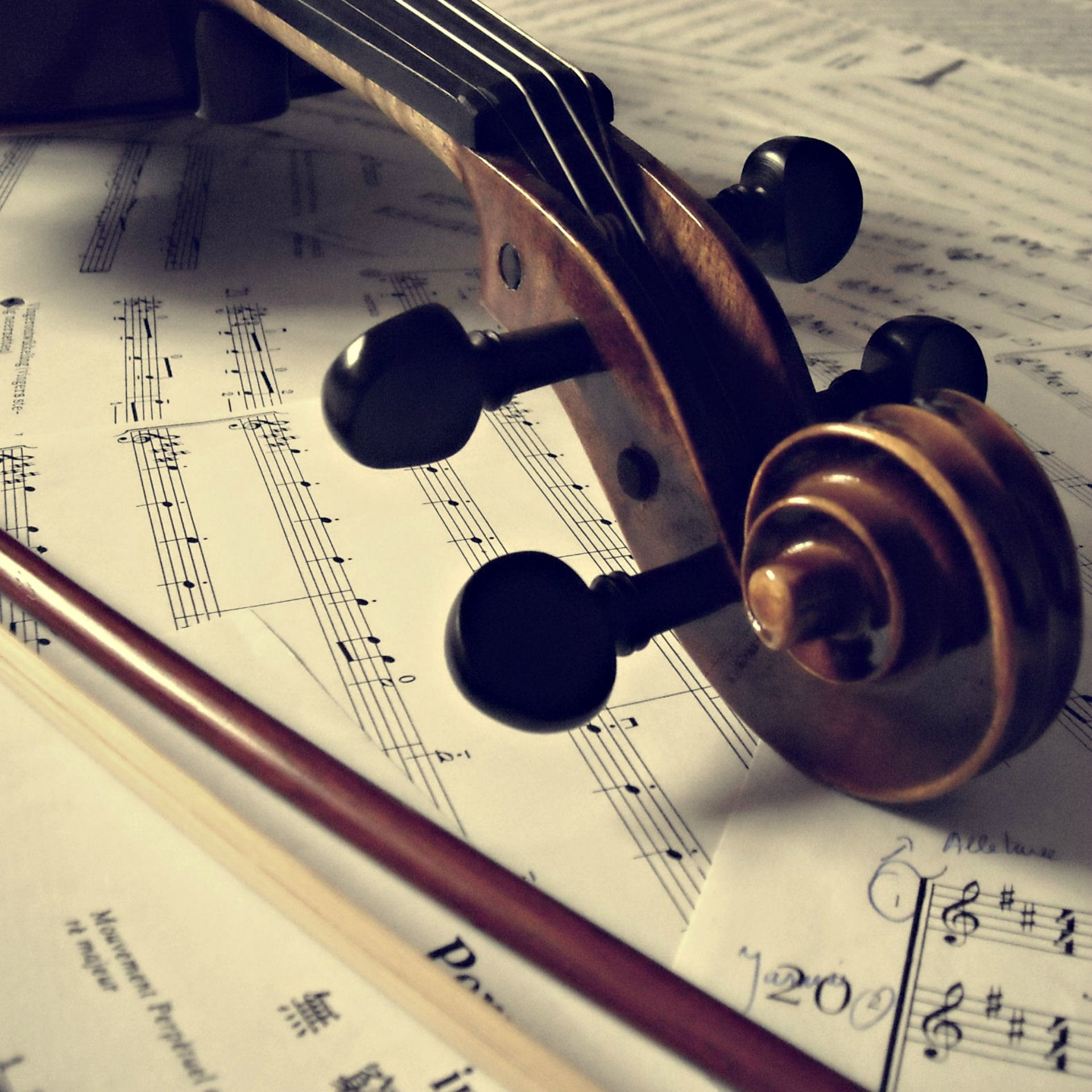 1920x1920 Photo of brown violin with musical notes HD wallpaper