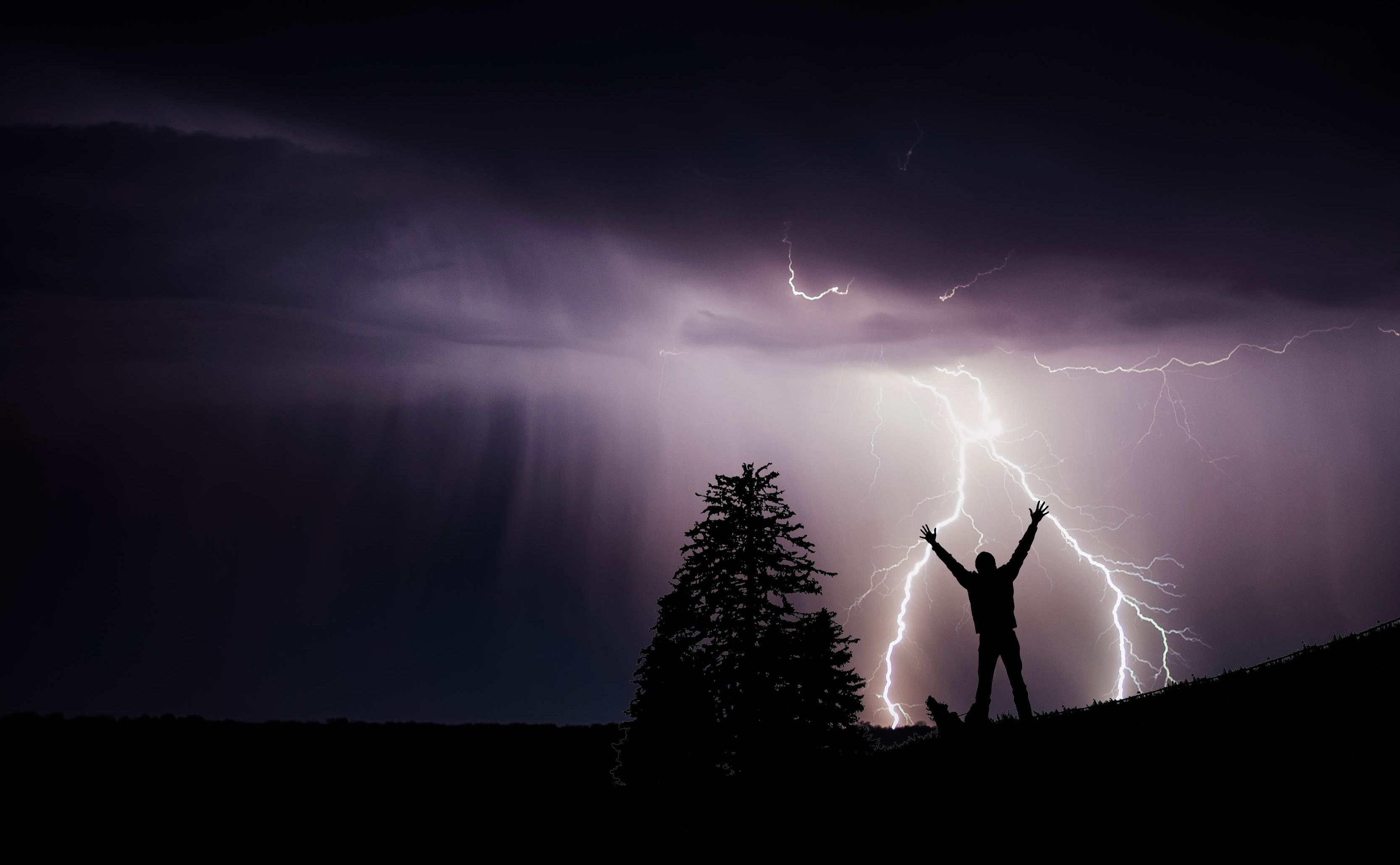 3335x2061 Free Images : flash, lightening bolt, thunder, thunderstorm, thunderbolt, storm, rain, terminator, sky, light, dark, shadow, night, colours, black, pink, purple, violet, silhouette, figure, man, human, arms, hands, body, tree, furtree, energy