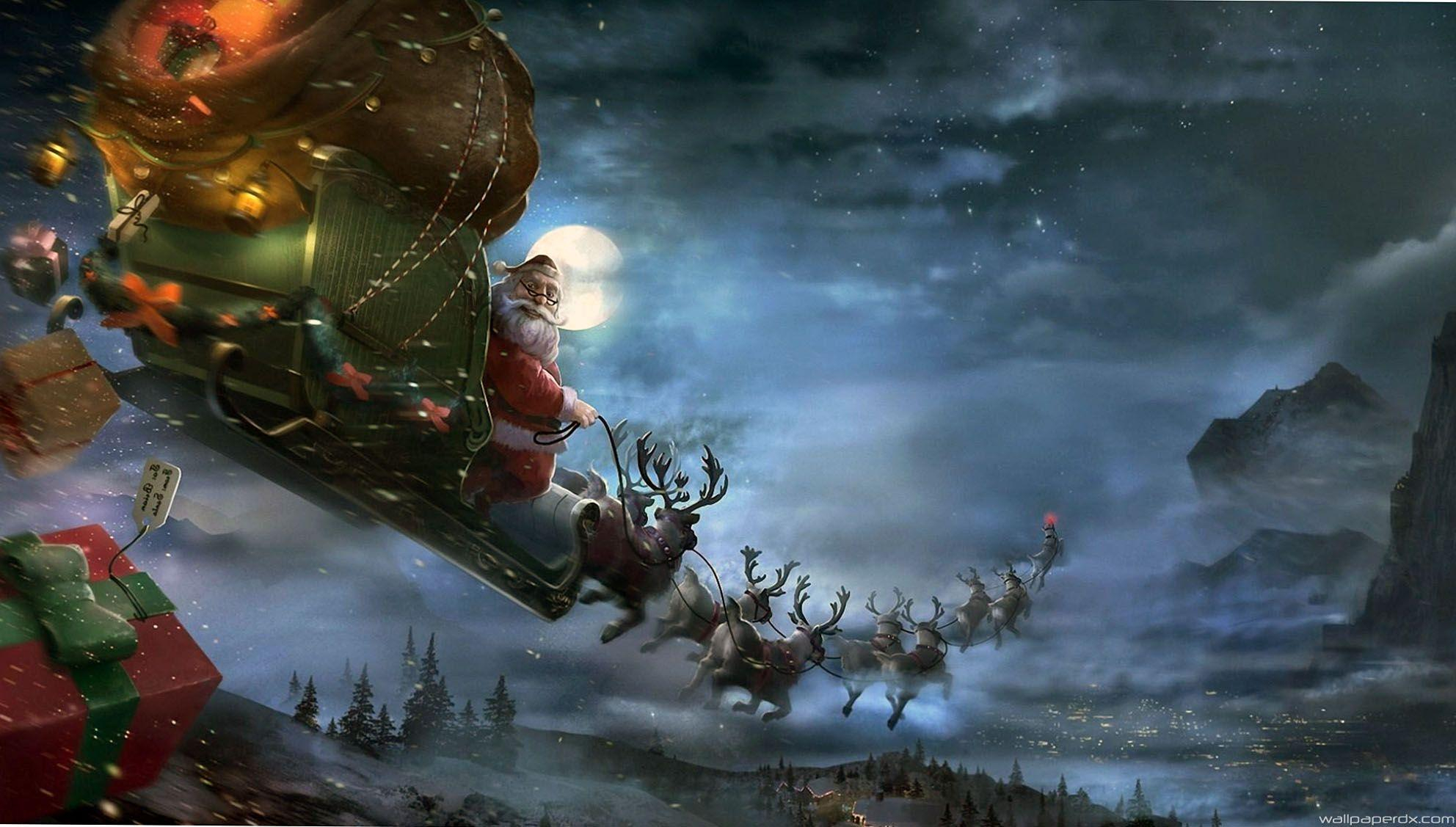 1984x1127 Christmas Reindeer And Sleigh Wallpapers